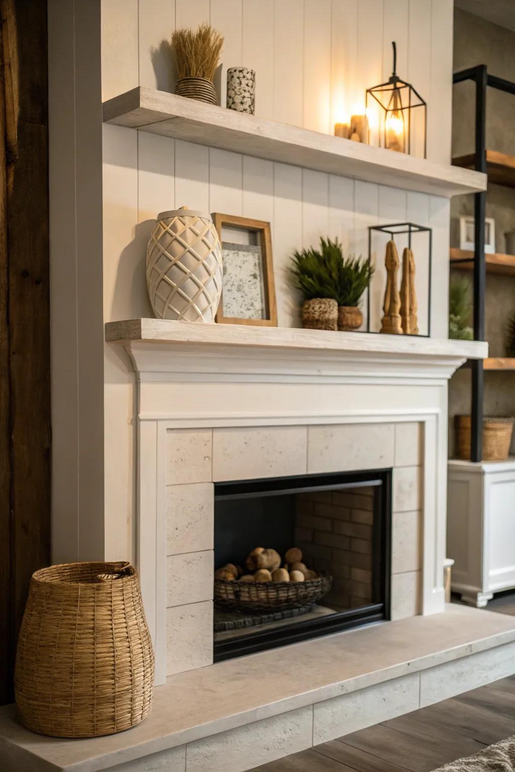 Extended shelves deliver a streamlined, modern look surrounding the fireplace.