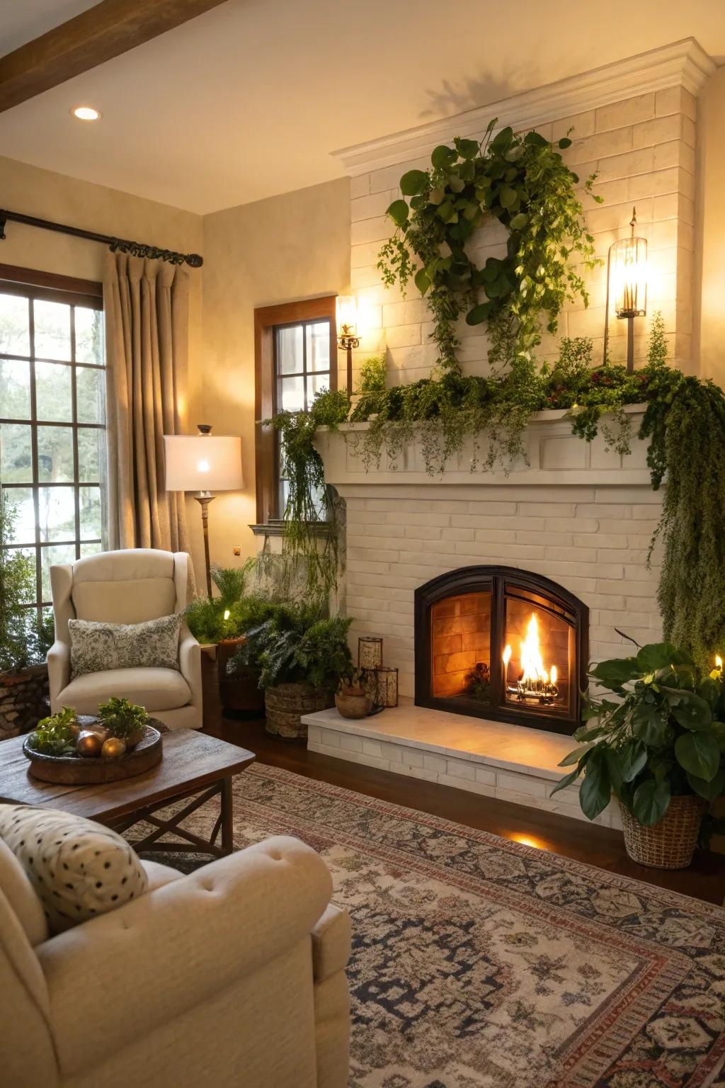 Greenery contributes a revitalizing, organic vibe to your fireplace.