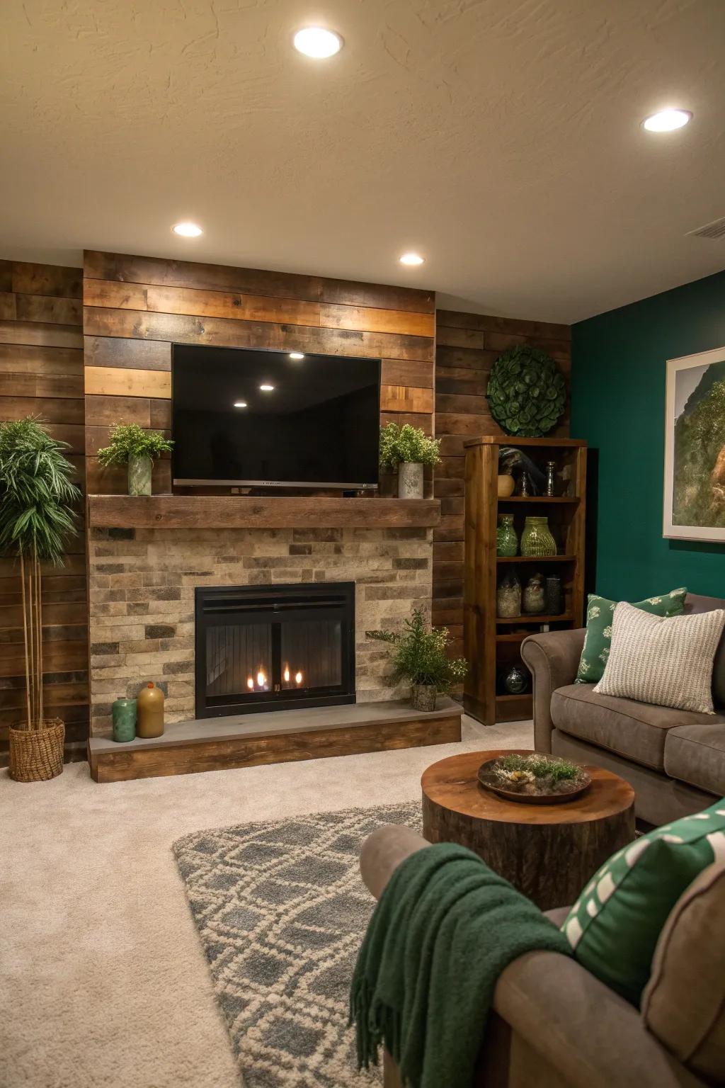 Make an eco-friendly statement with a TV wall with a fireplace made from salvaged timber.