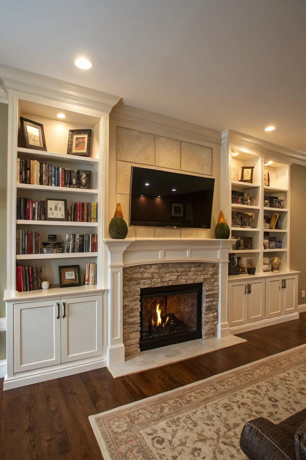 Family room featuring symmetrical built-in units surrounding a fireplace wall and TV.