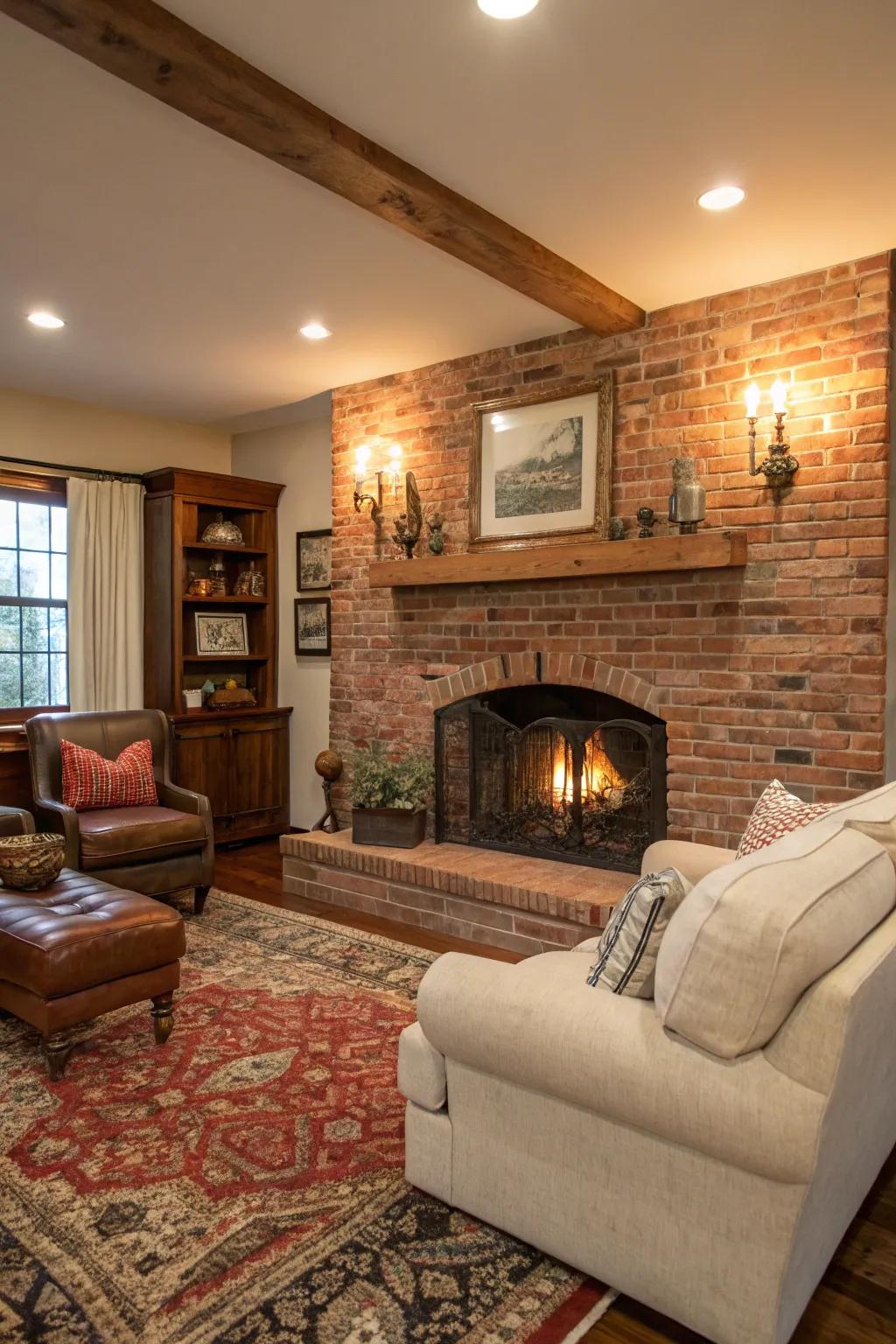 Eternal charm conveyed through an uncovered brick fireplace wall.
