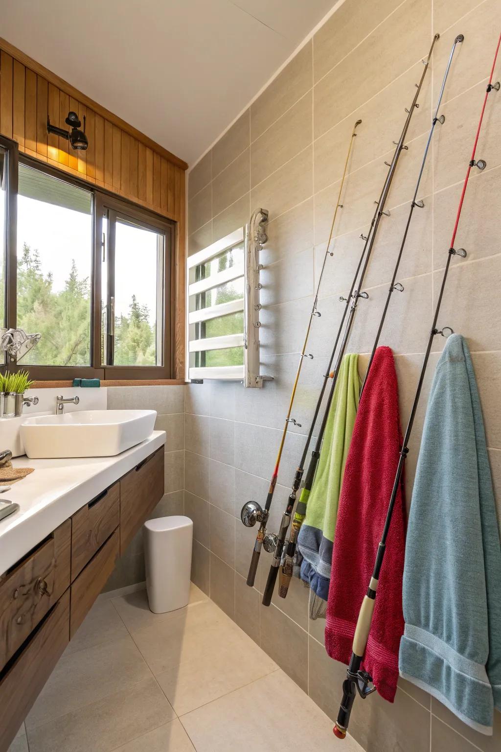 Angling tools proffer a beachy nuance to washroom decor.