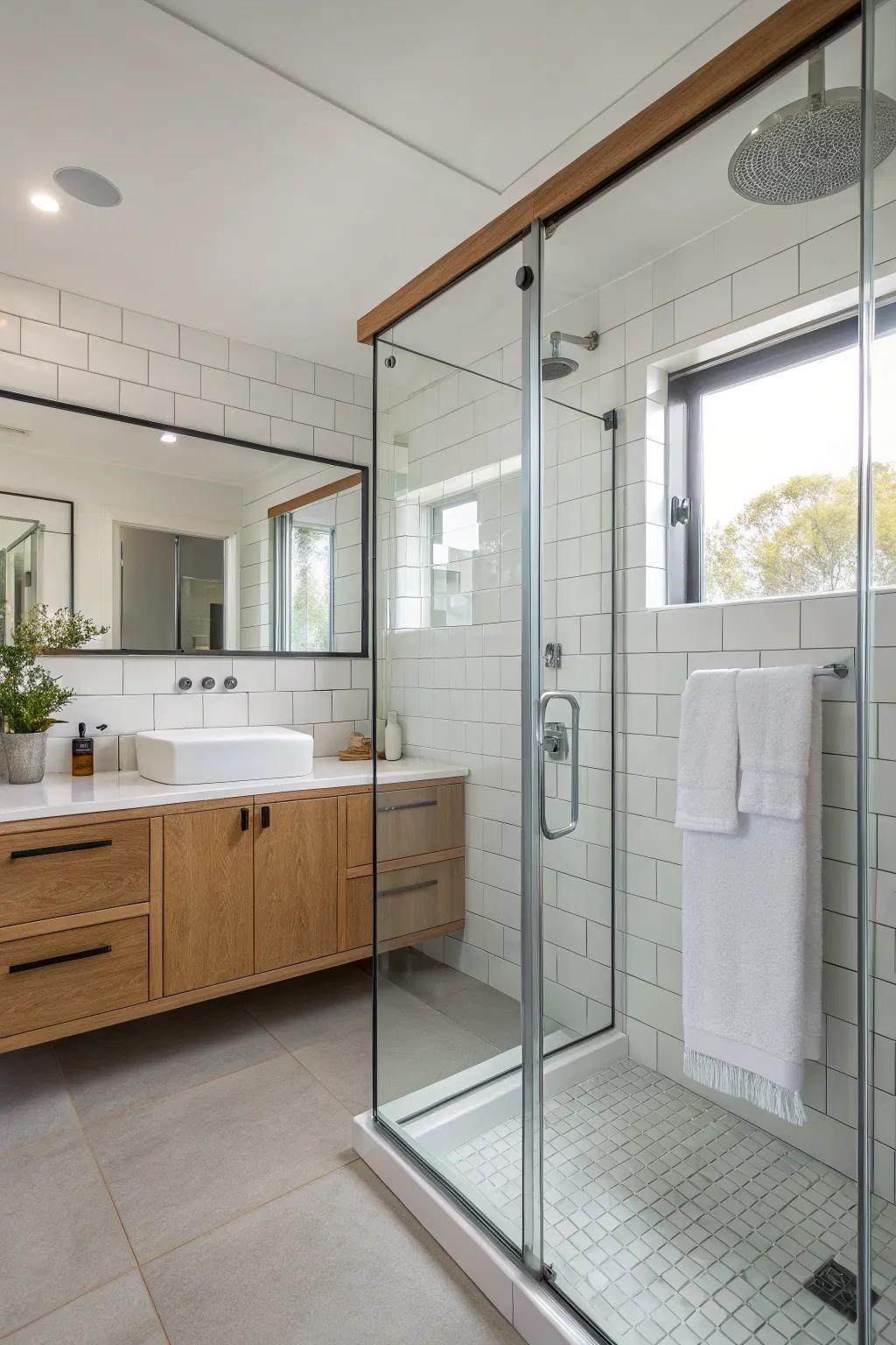 Glass shower surrounds keep the design open and modern.