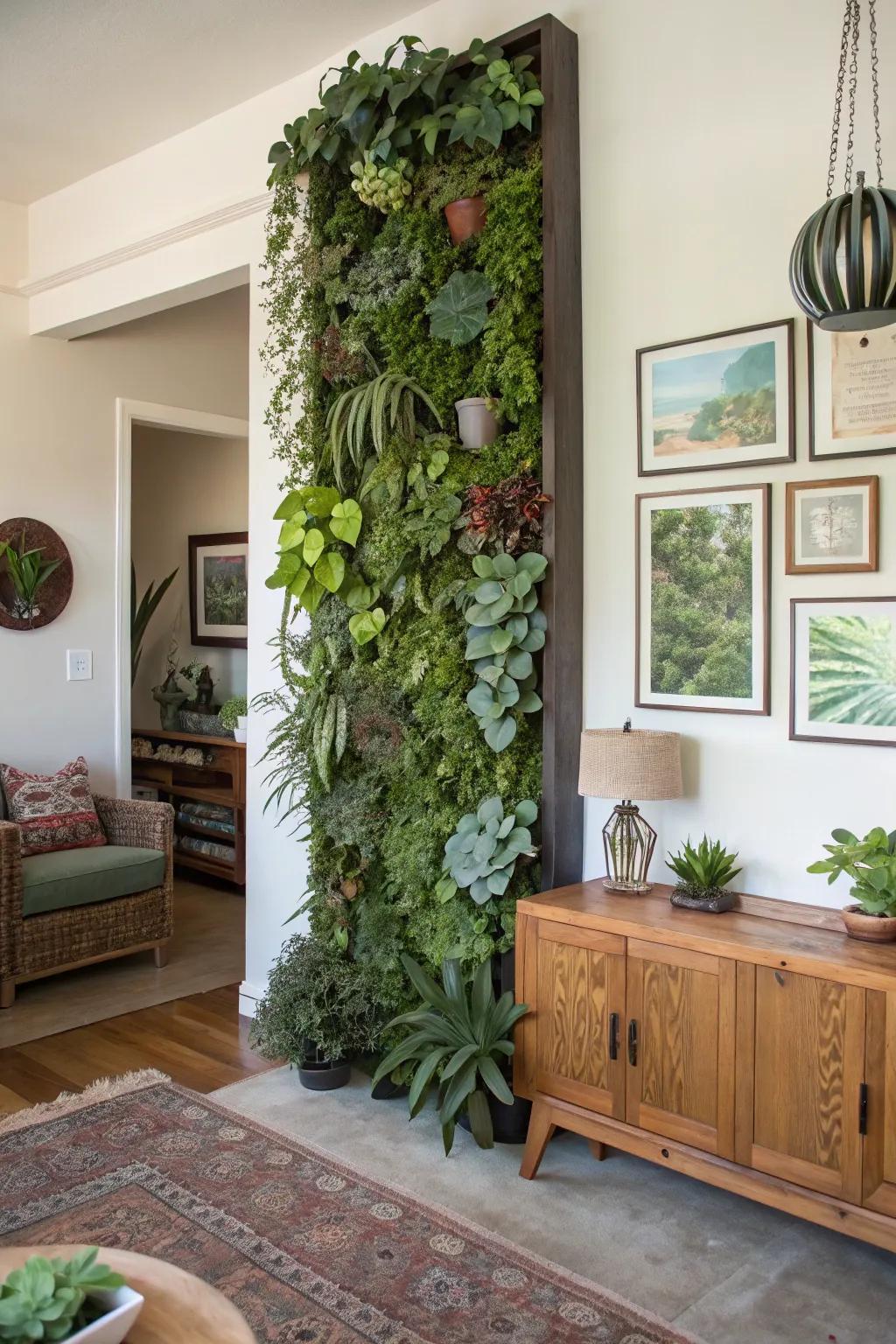 An innovative wall-mounted botanical arrangement featuring succulents.