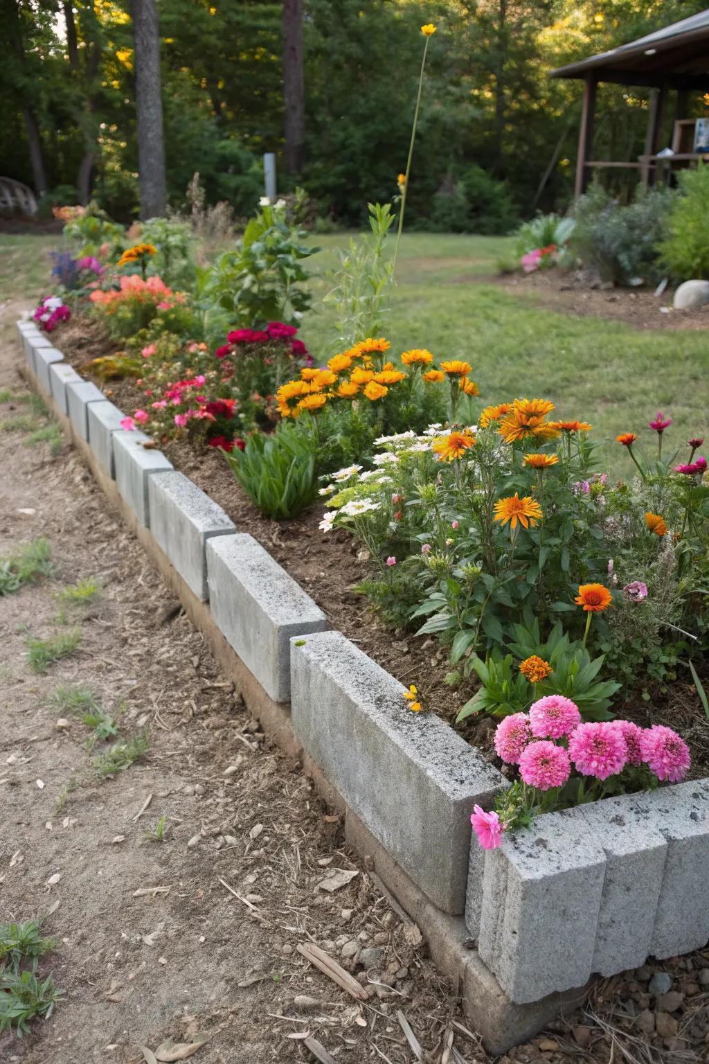 Foundation blocks provide a robust and rustic flower bed border.