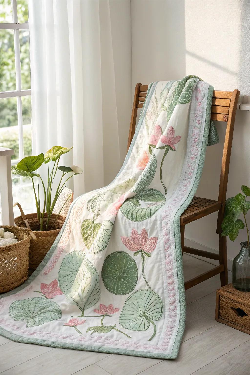 Embrace tranquility with the soothing beauty of water lily quilt tiers.