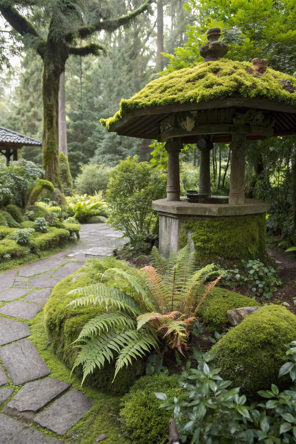 Moss-draped features adding a whimsical, ancient charm.