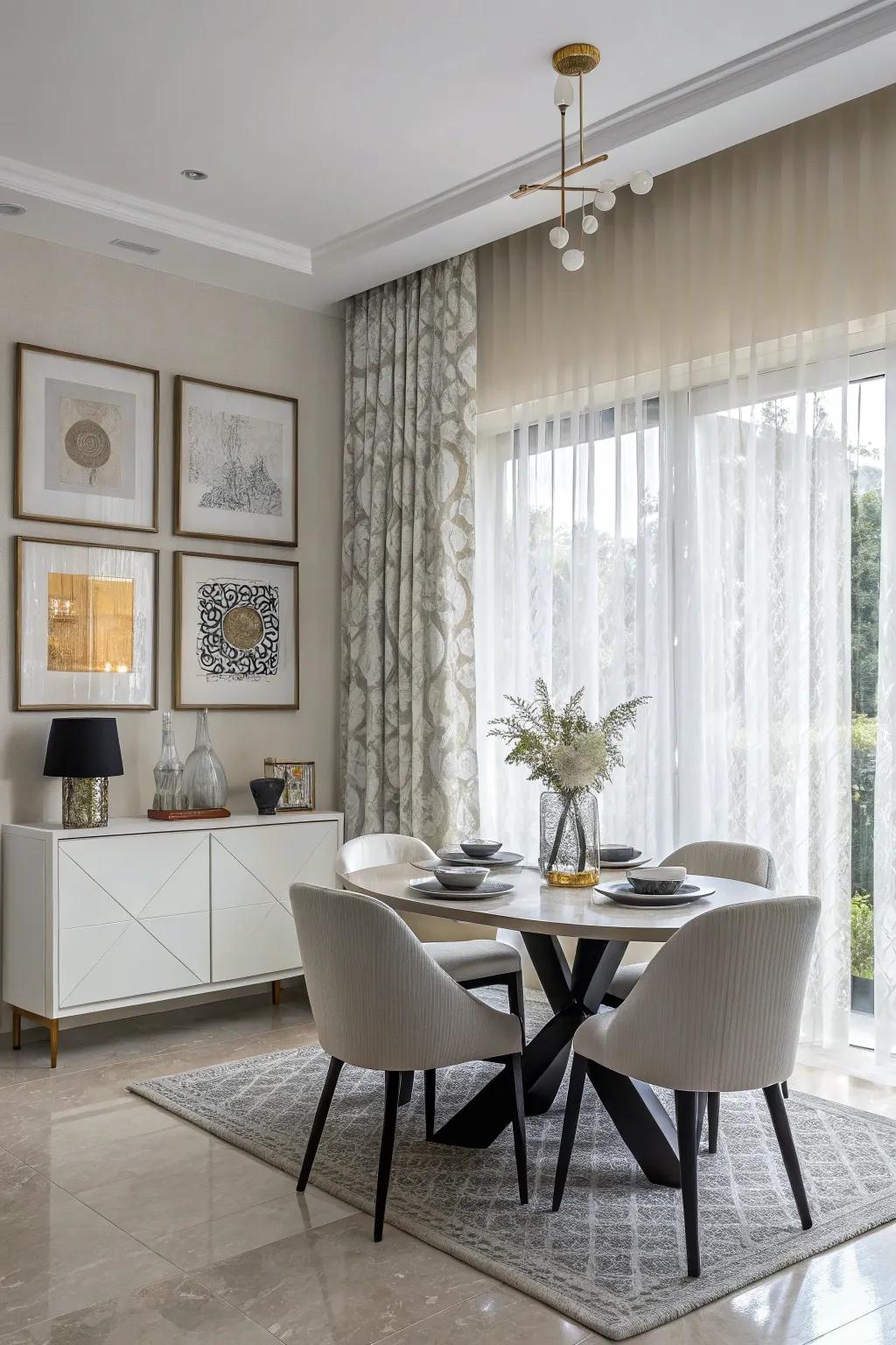 Minimalist eyelet curtains provide a sleek look in this modern dining room.
