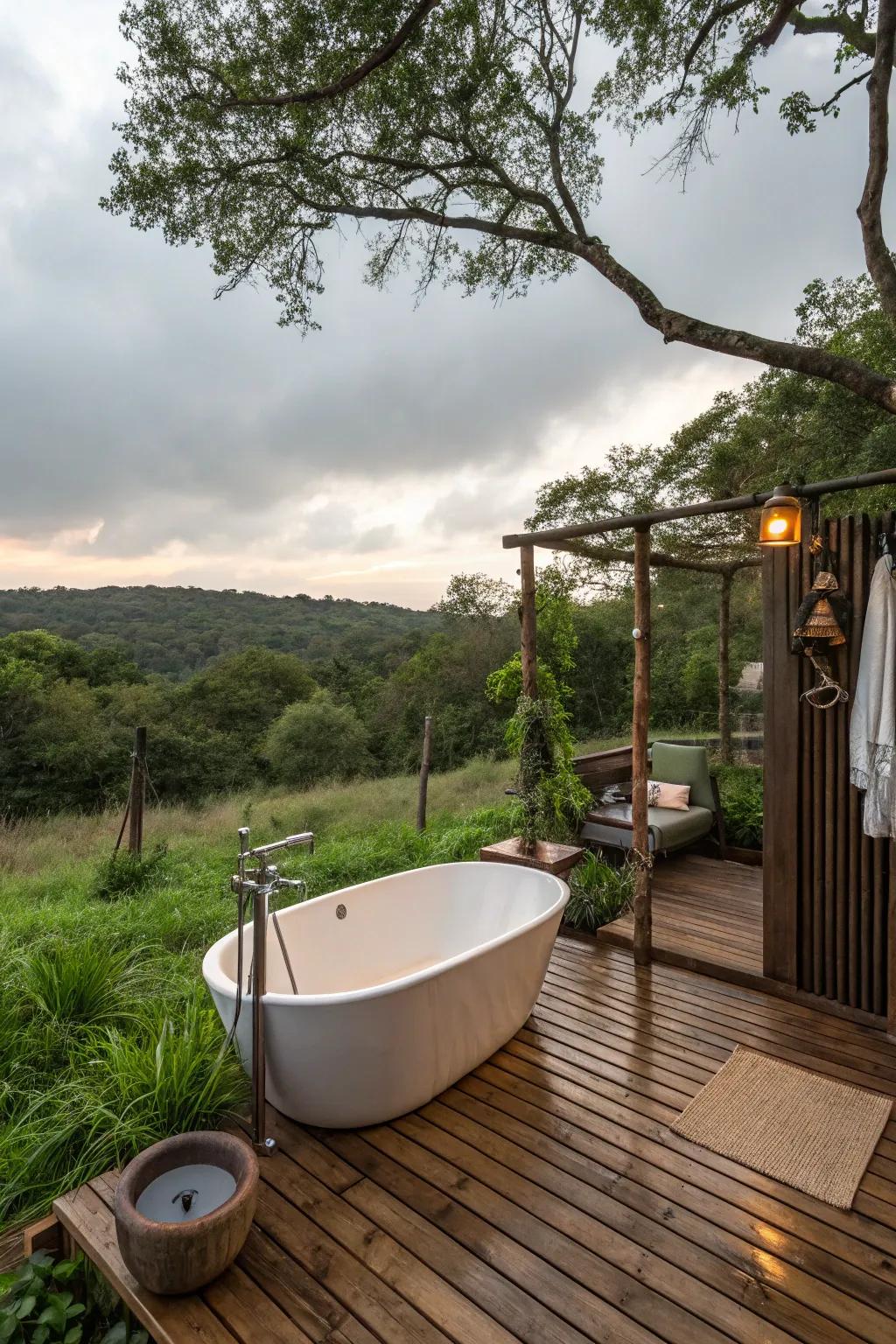 An outdoor freestanding tub and shower setup immersed in natural beauty.