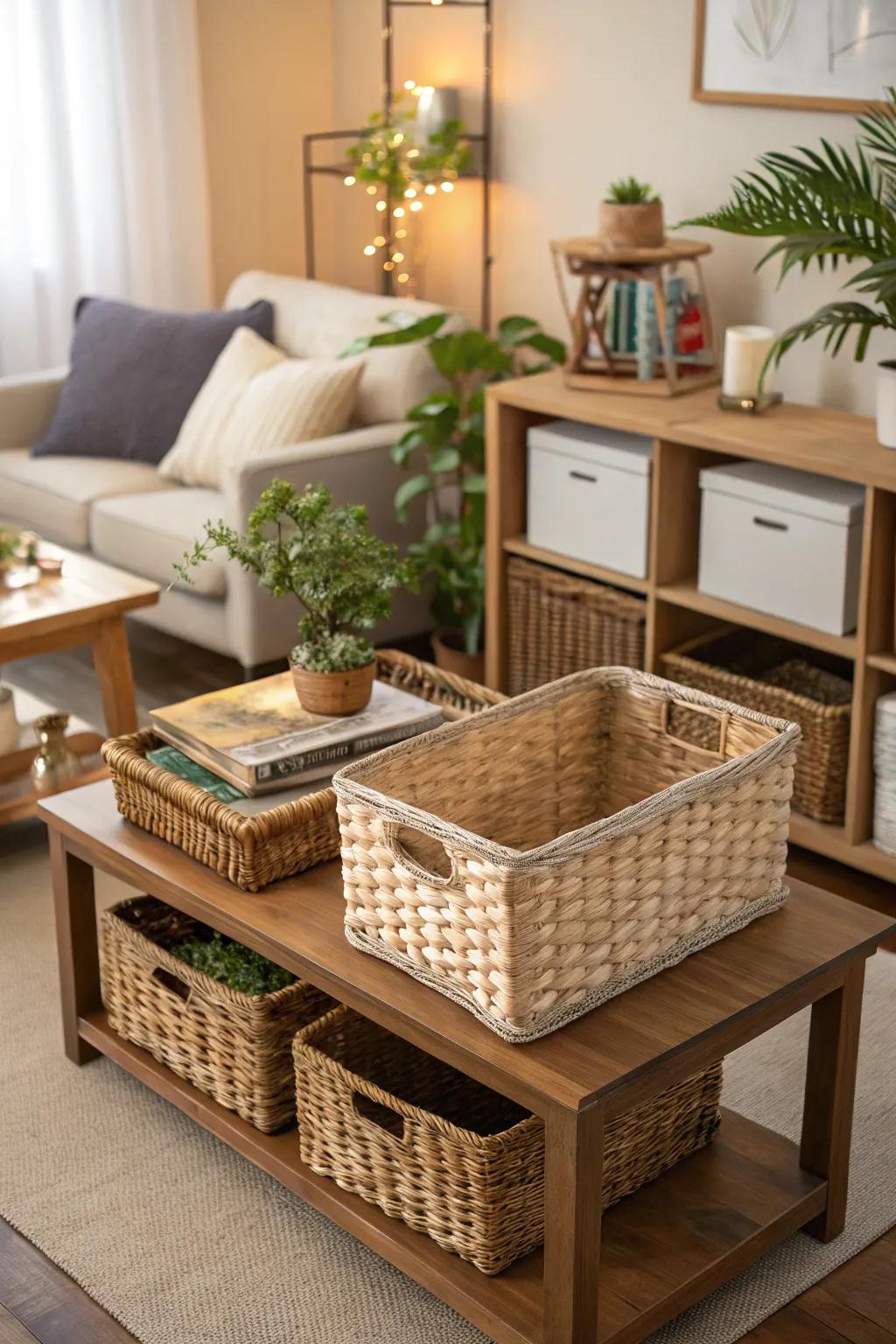 Wicker baskets providing stylish storage options in a living room.