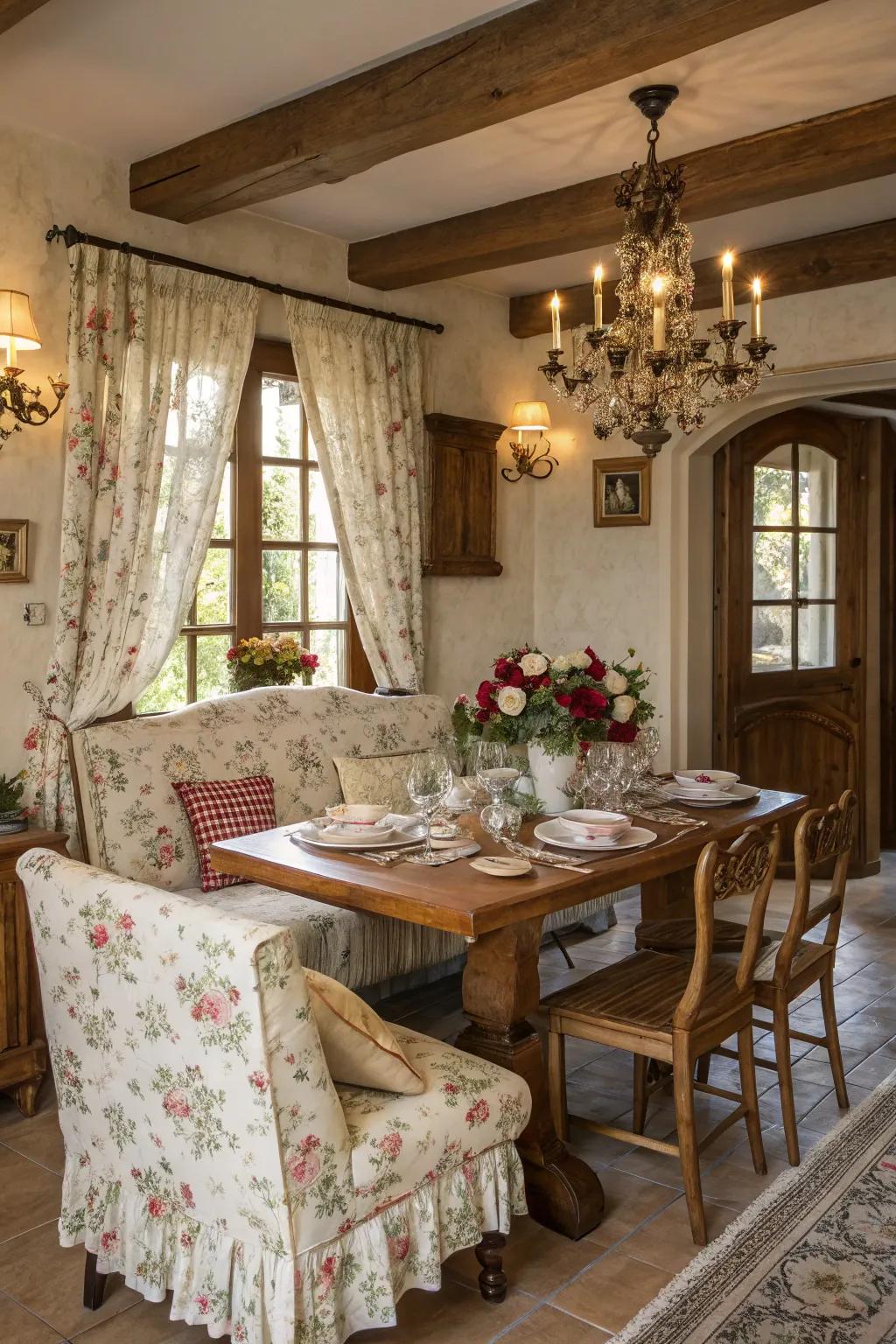 A snug nook with floral seating for relaxed conversations.