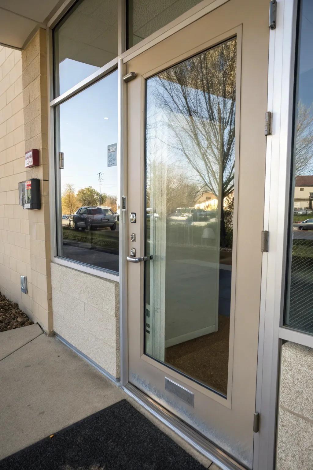 A front door equipped with one-way mirror film for increased privacy.