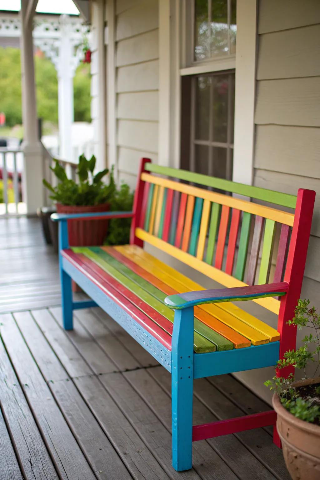 A vibrantly painted bench creates a delightful porch atmosphere.