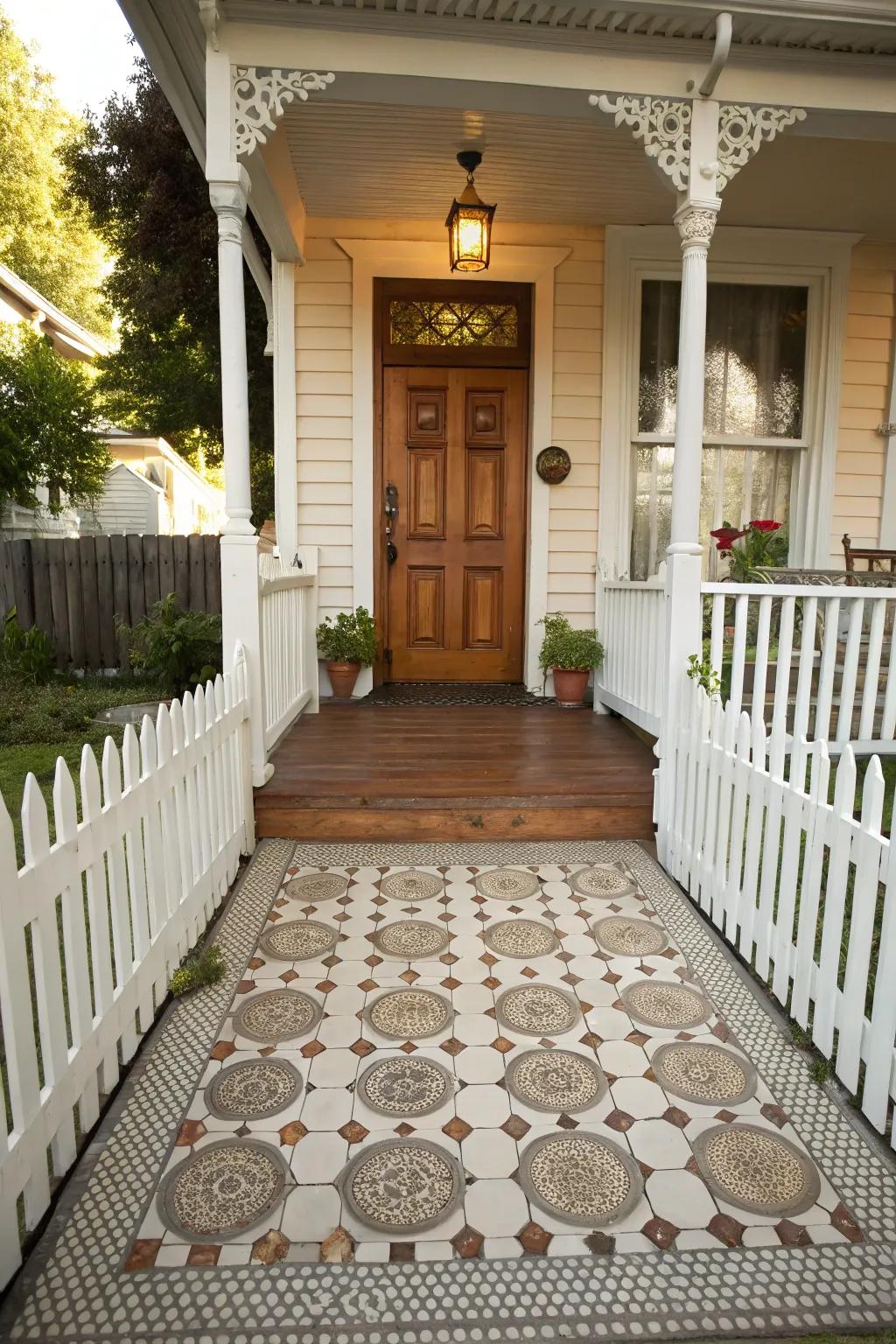 Tiny round tiles introduce a playful and personalized accent to your porch.
