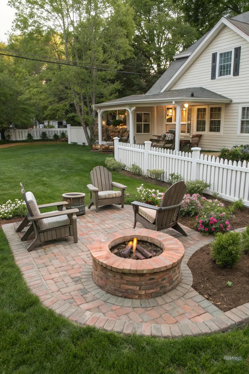 A brick bonfire spot becomes the focal point for outdoor gatherings.