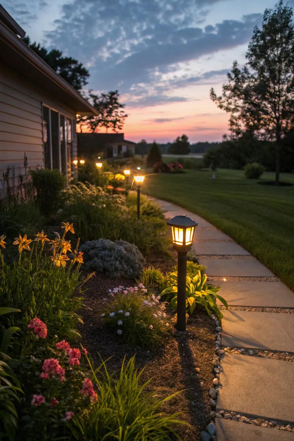 Solar lights casting a warm radiance in a nook garden.