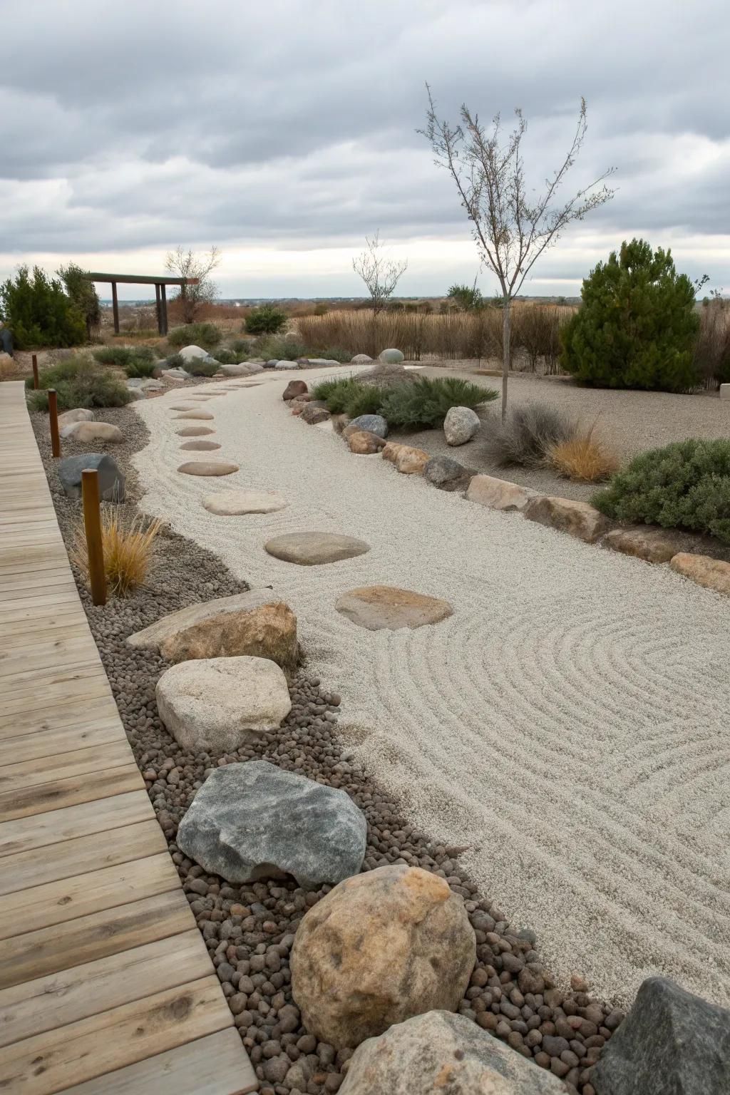 Peaceful garden components instill tranquility into your faux stream bed setting.