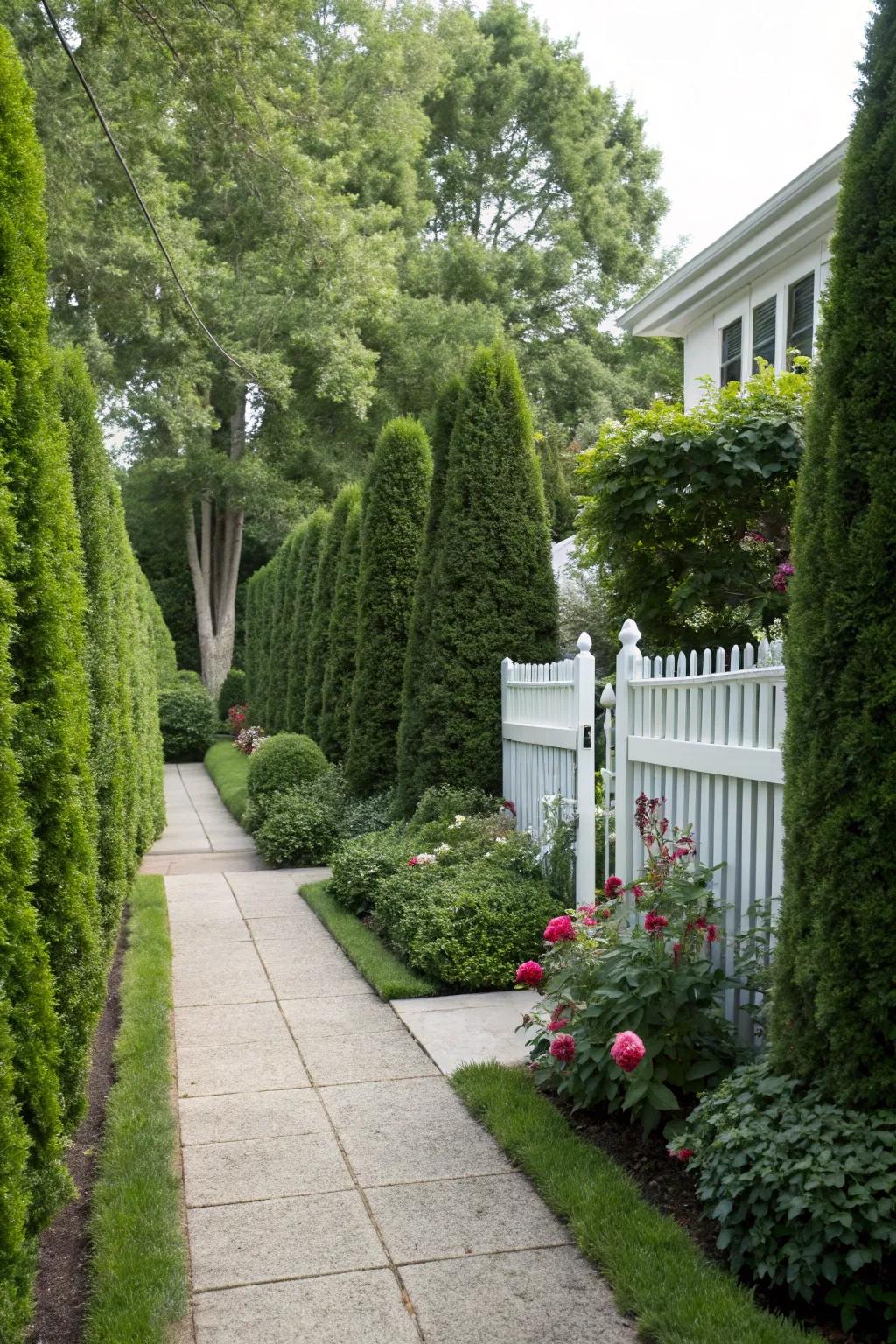 A secluded and cozy atmosphere is created by privacy hedges.