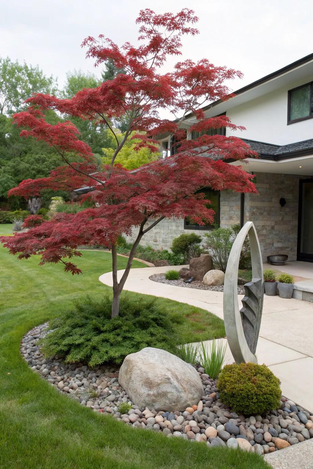 Sculptural compositions insert a personal and artistic touch to the landscape encircling the Japanese maple.