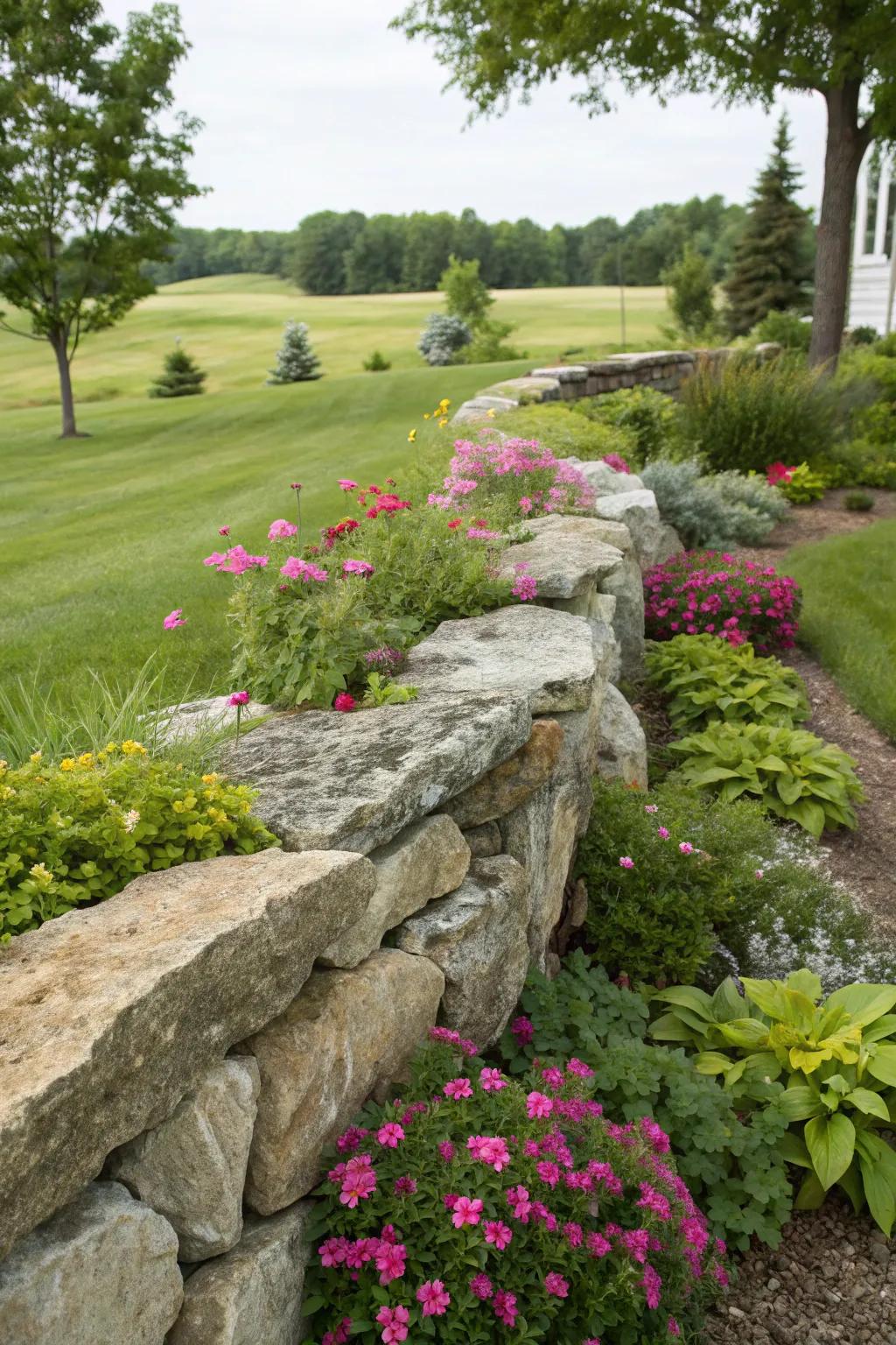 A stone embankment delivering seclusion and functioning as a setting in a garden.
