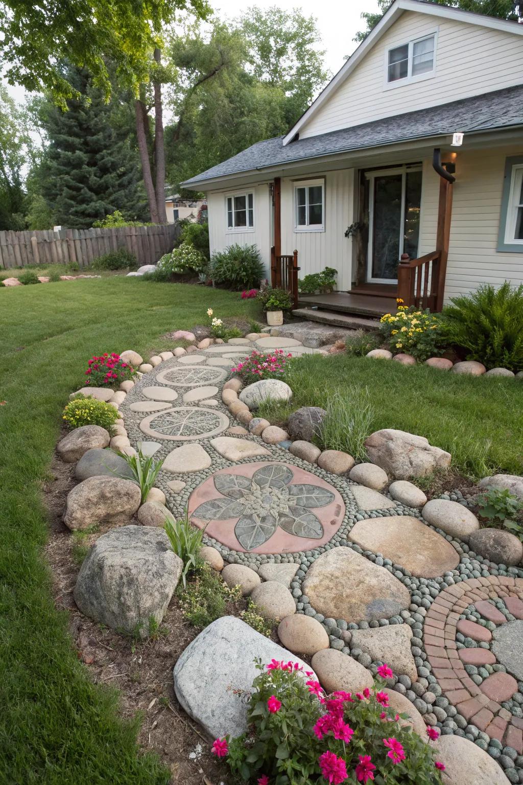 Create an artistic stone art piece in your landscape by using large stones.