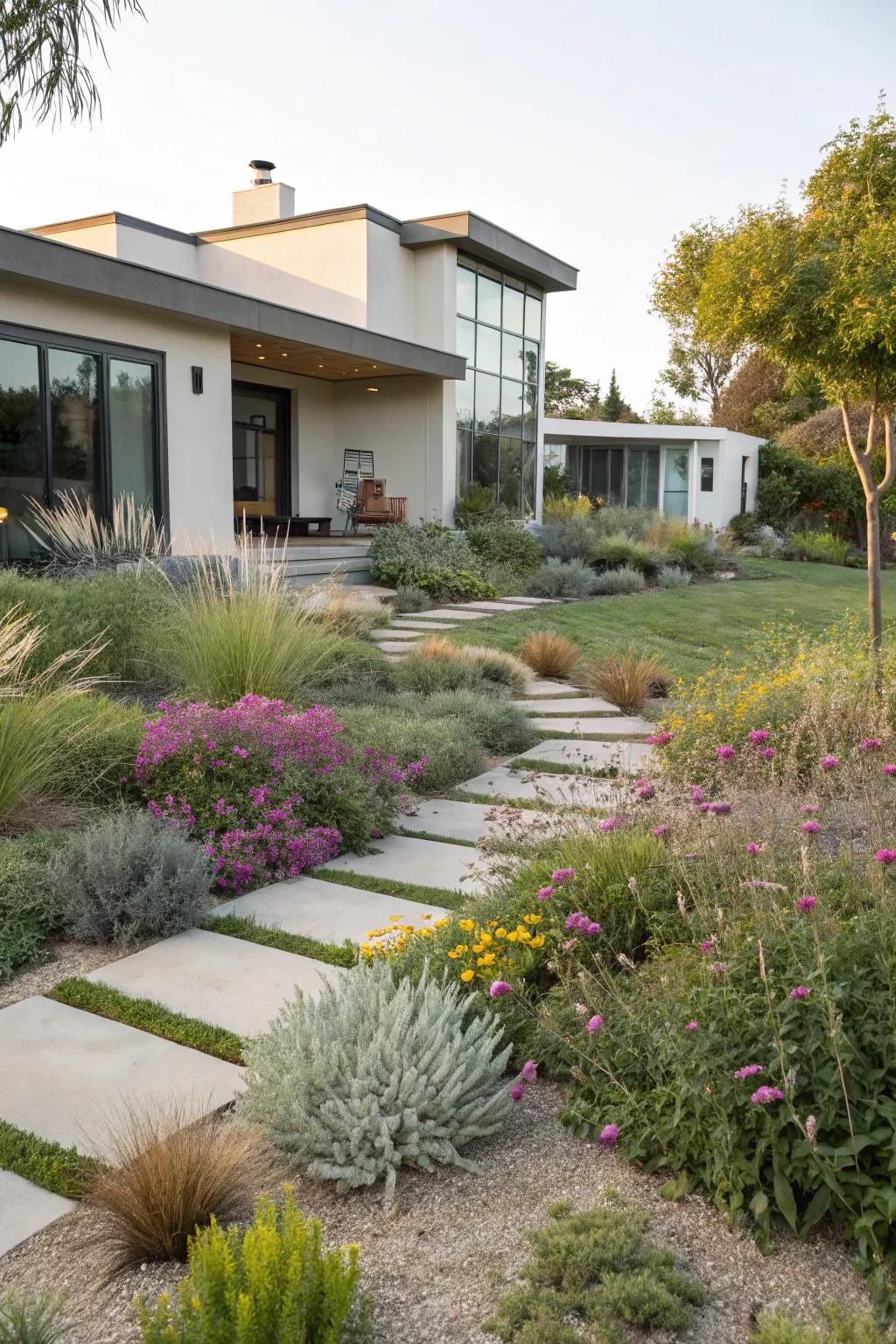 Eco-conscious plant selections flourish with minimal water and maintenance.