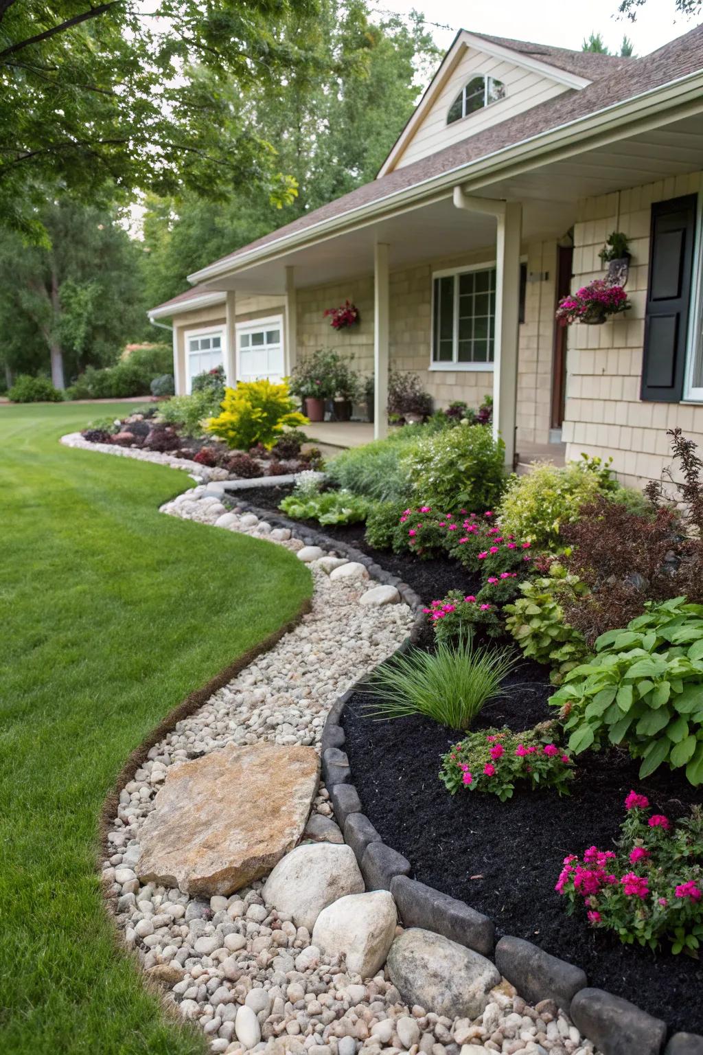 Color and depth contrasting enhance the front yard