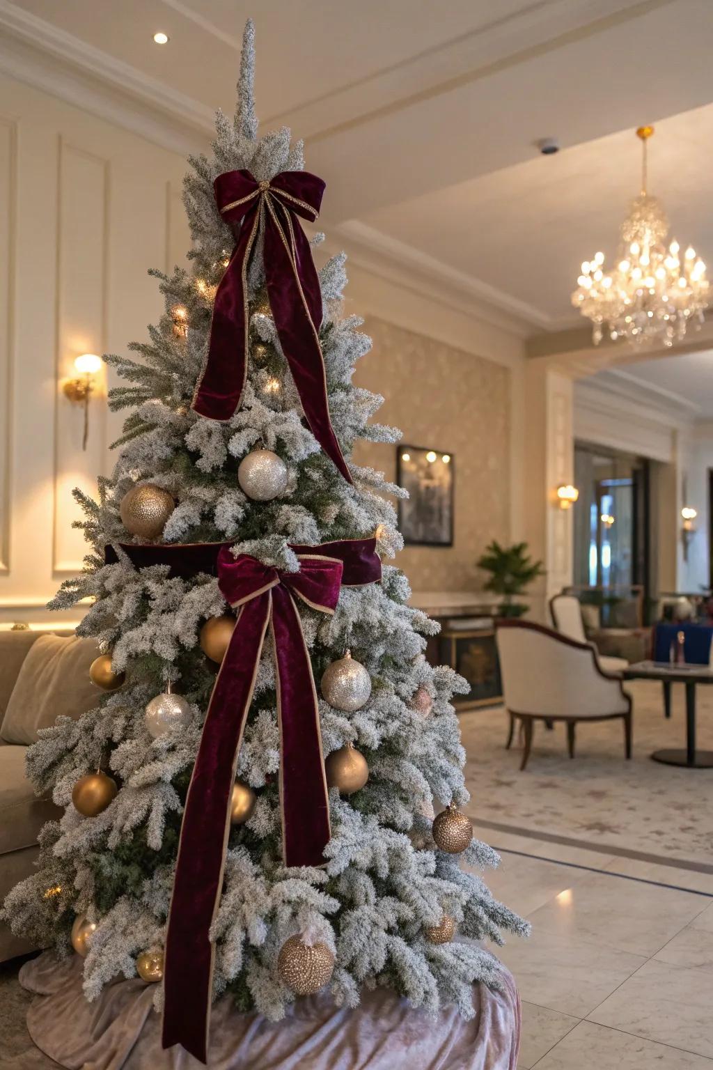 Velvet ribbons contribute a luxurious touch to this frosted tree.