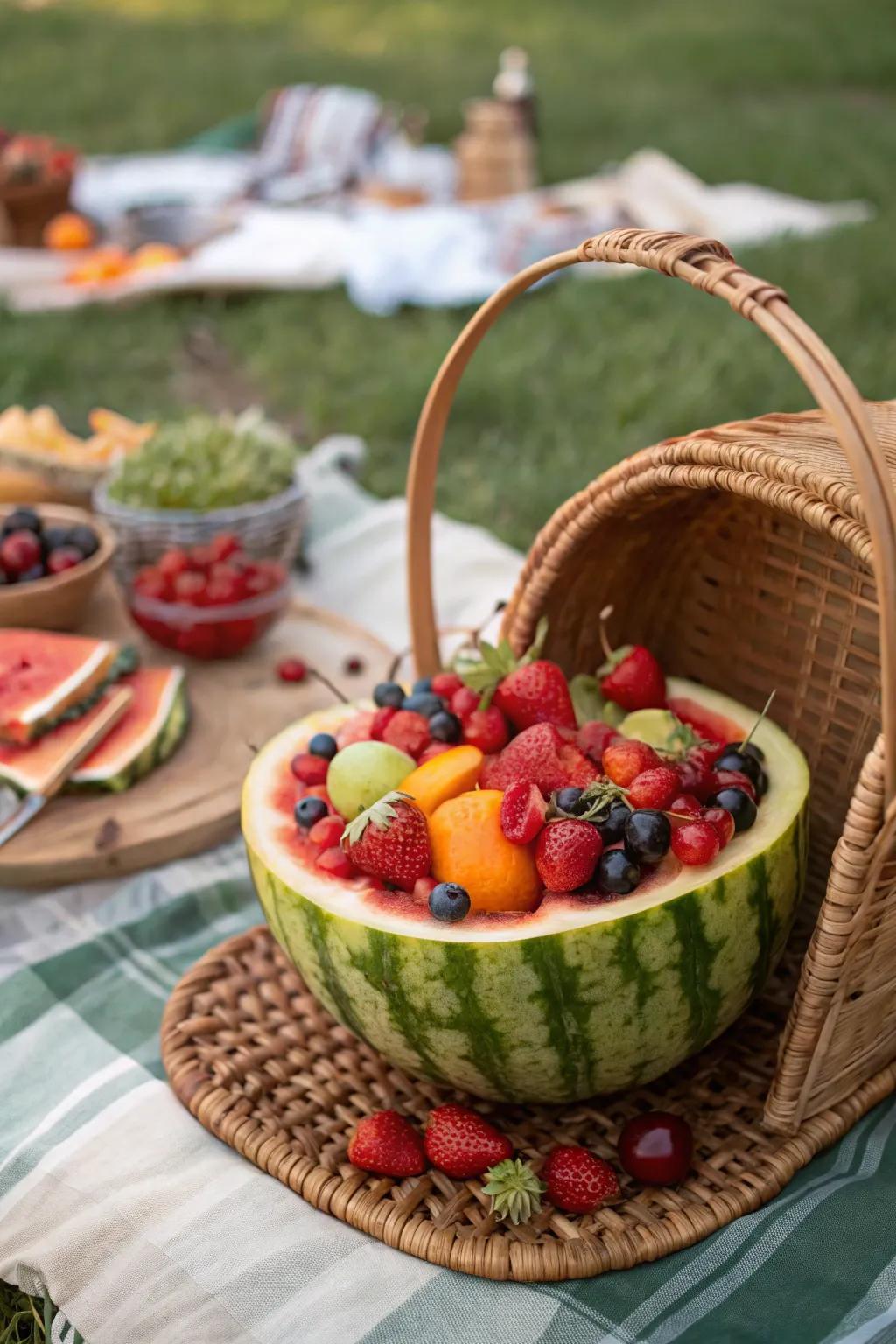 A melon hamper is both practical and festive for serving a fruit creation.