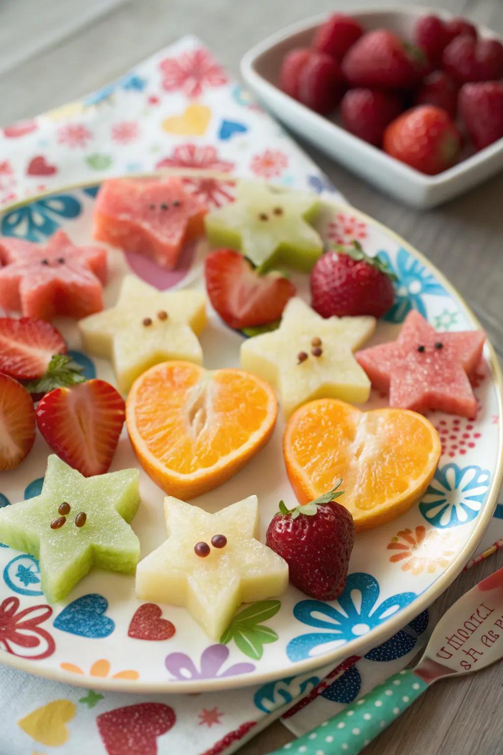 A cheerful and enjoyable fruit arrangement with playful shapes.