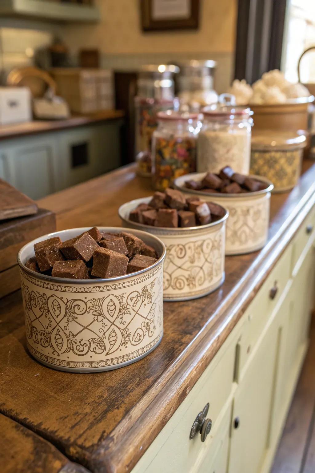 Fudge elegantly displayed in ornamental tin canisters.