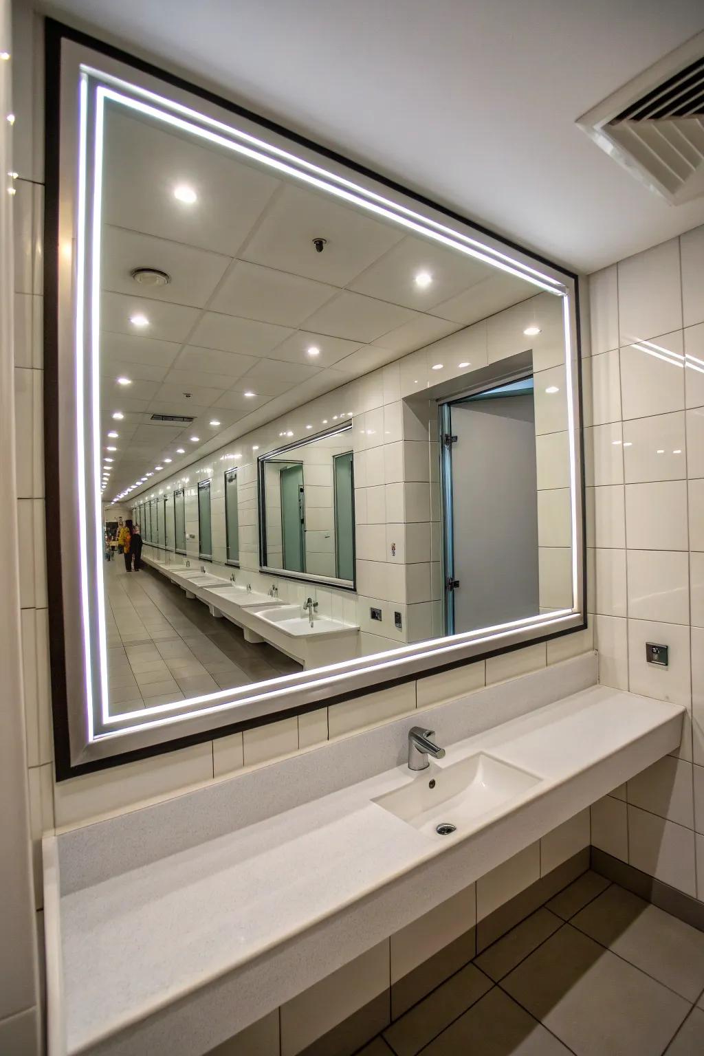 A sizable mirror enriches the sense of space within this bathroom.