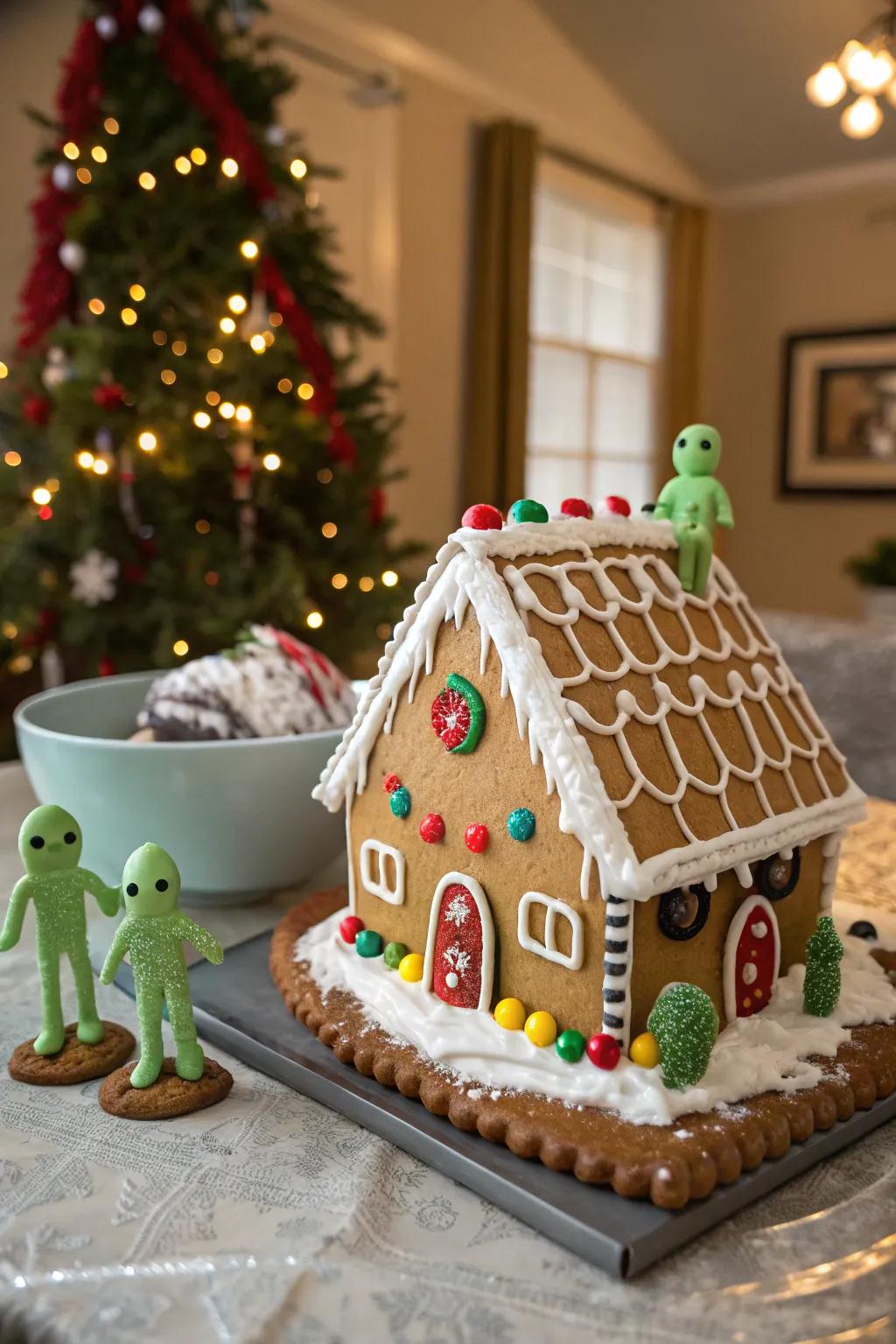 An extraterrestrial-themed gingerbread abode