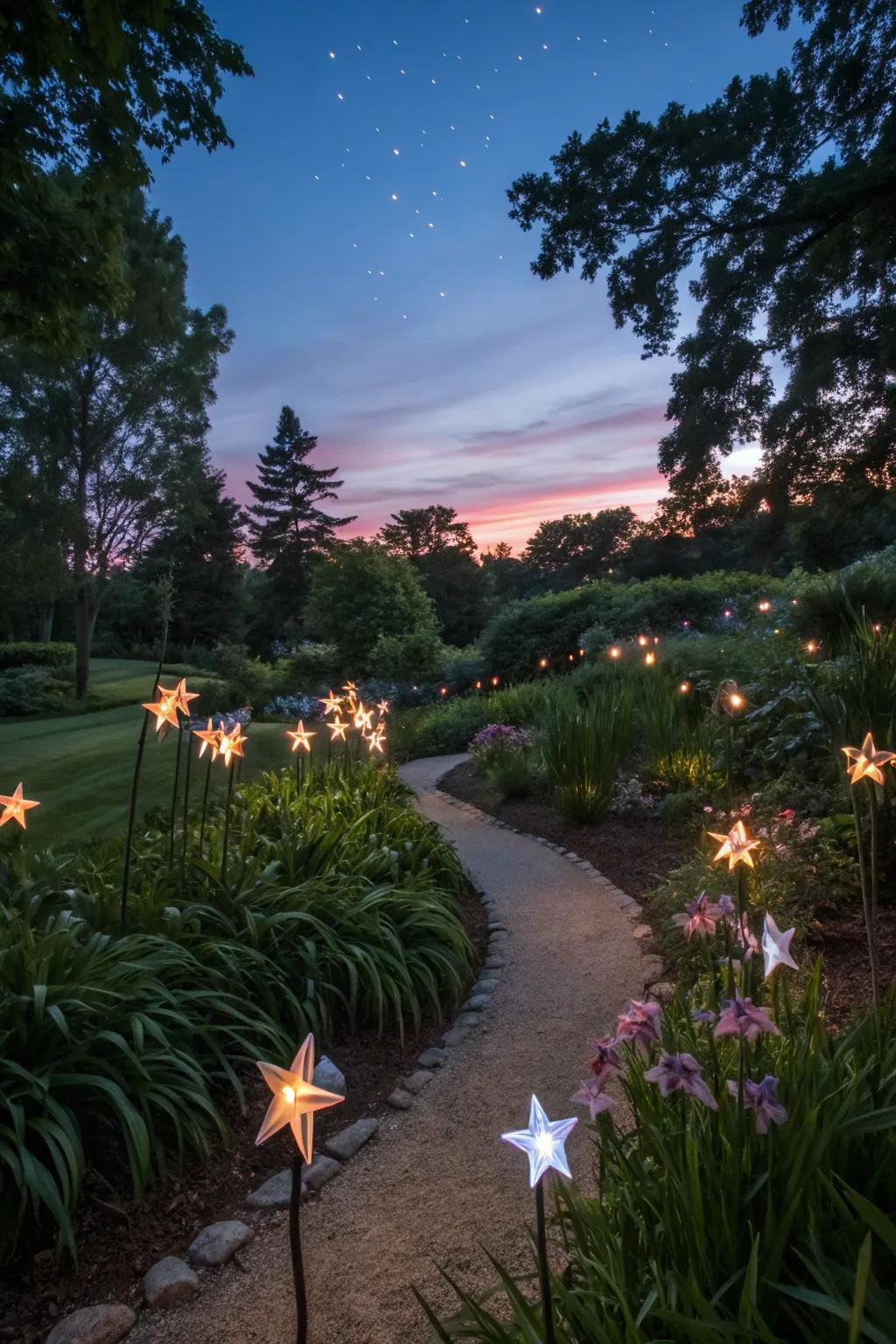 Starry decorations transforming the garden into a night sky spectacle.