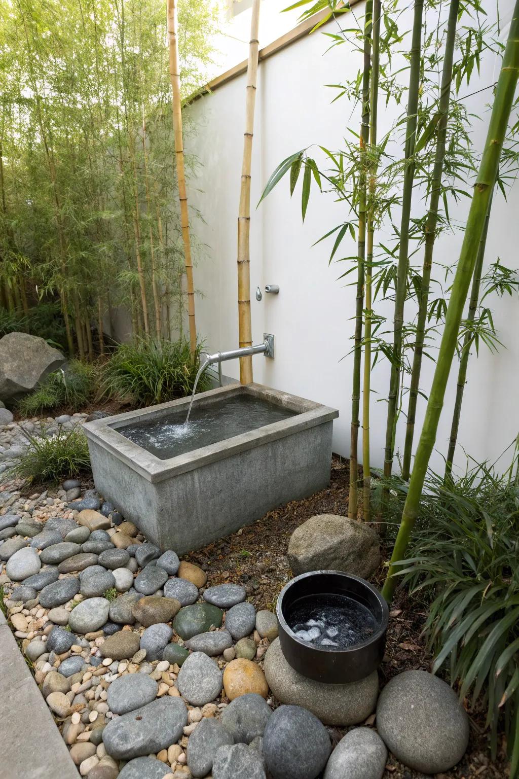 A weathered basin fountain anchors a Zen garden retreat.
