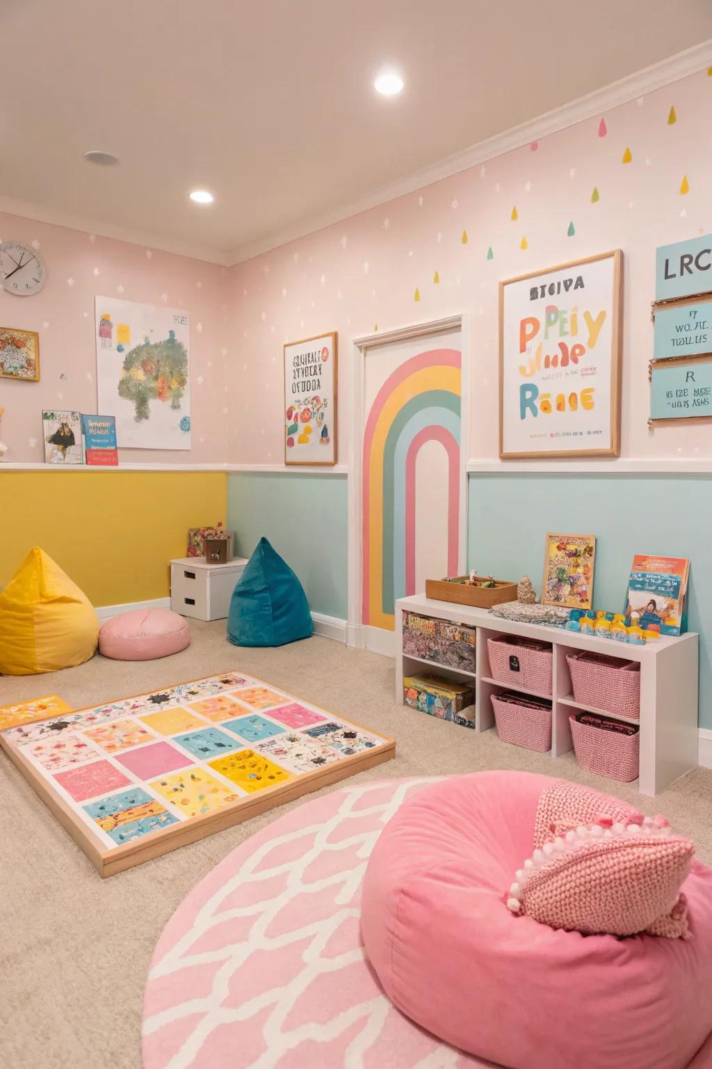 A fun and lighthearted ambiance is created in the game room by the pastel hues.