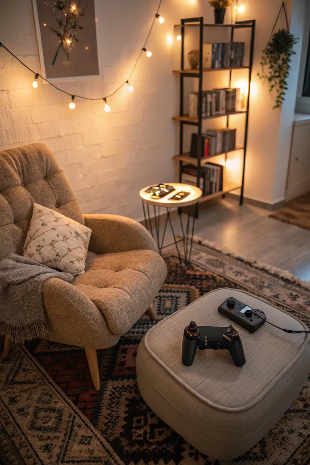 A comfort corner extends relaxation amidst gaming.