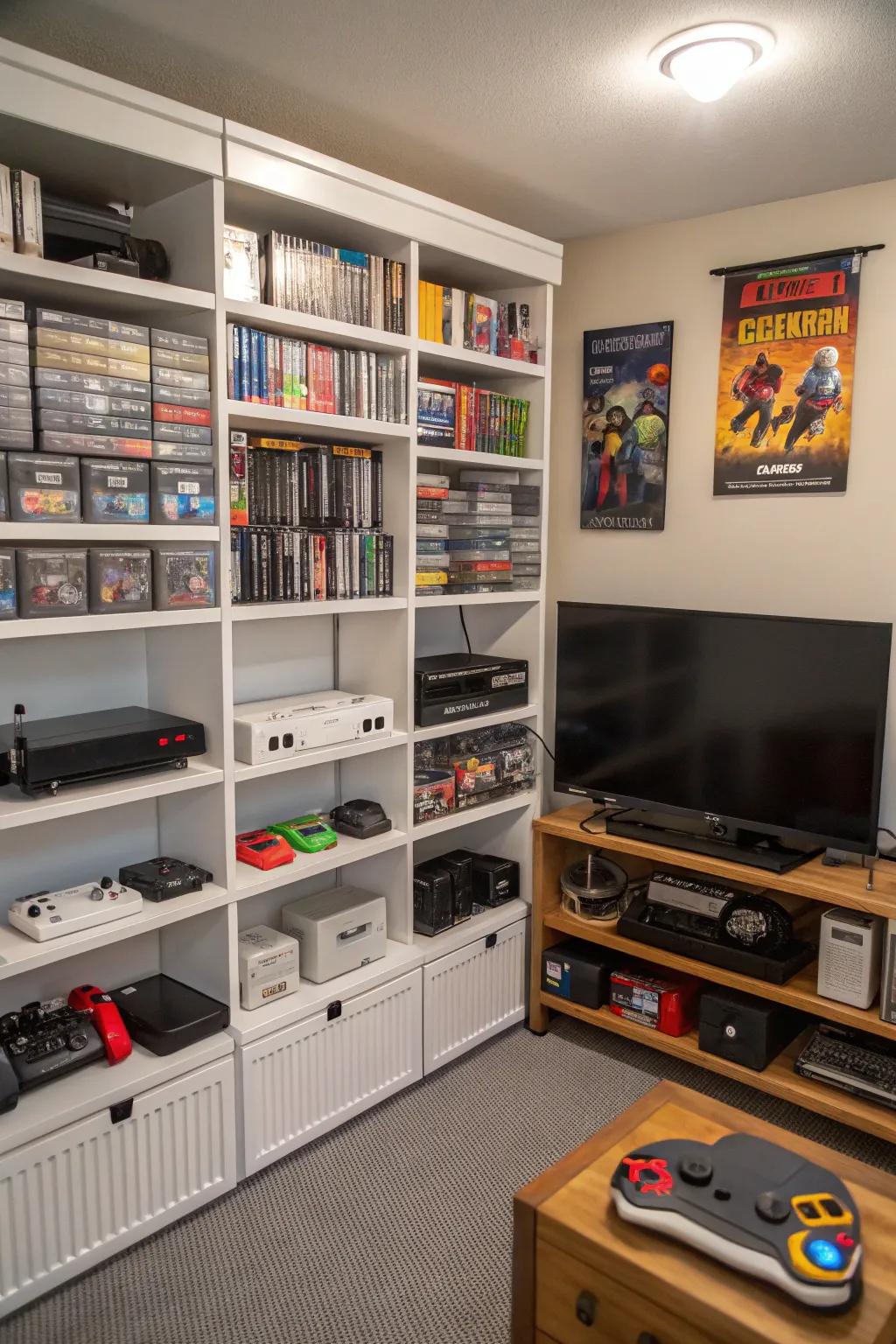 Vertical storage retains your gaming area organized and stylish.