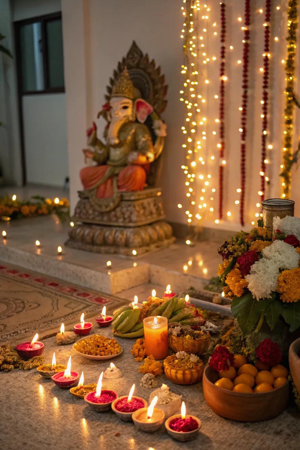 Candles and diyas spreading a toasty radiance, intensifying the celebratory atmosphere of the festivities.
