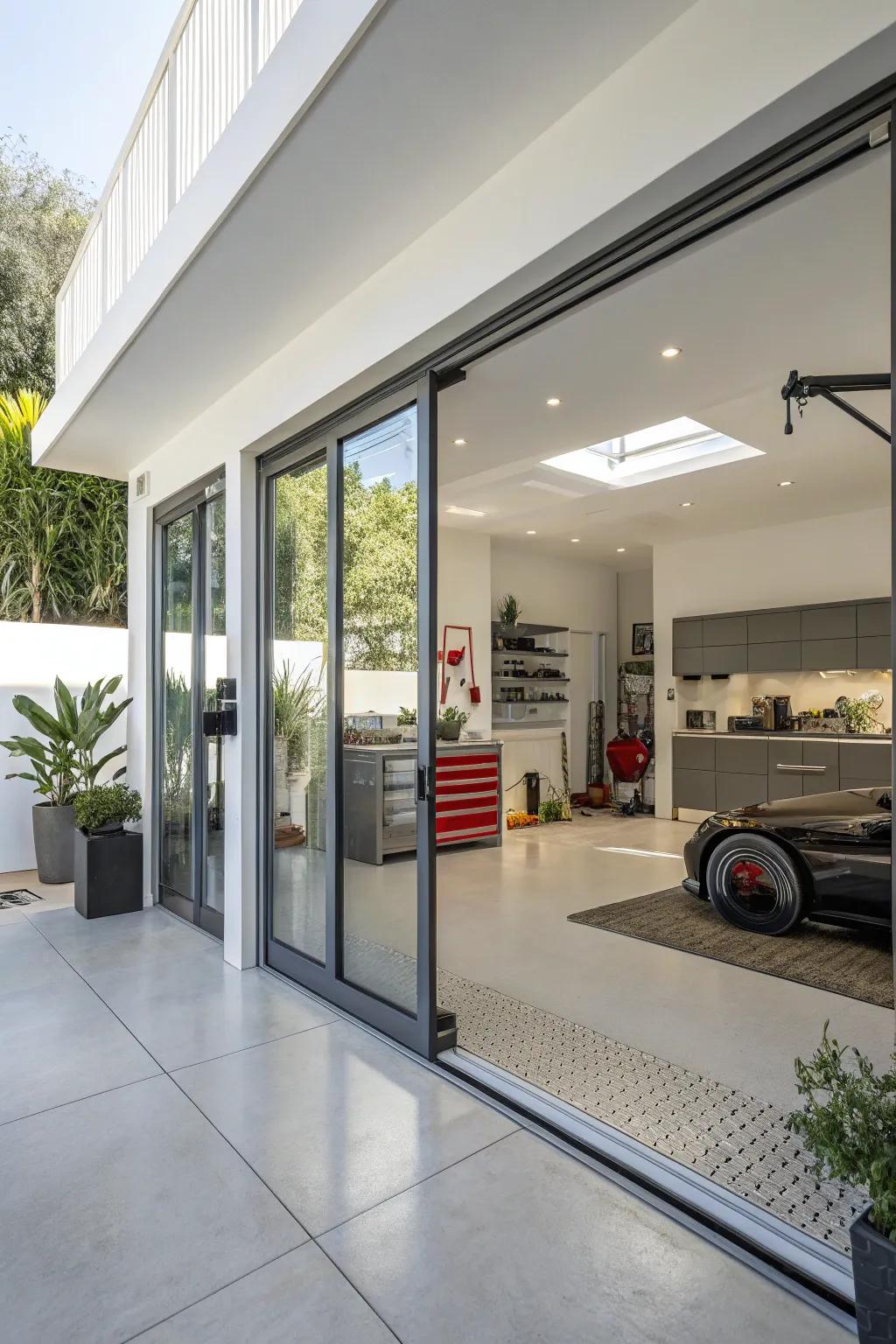 A garage featuring elegant and practical glass doors.