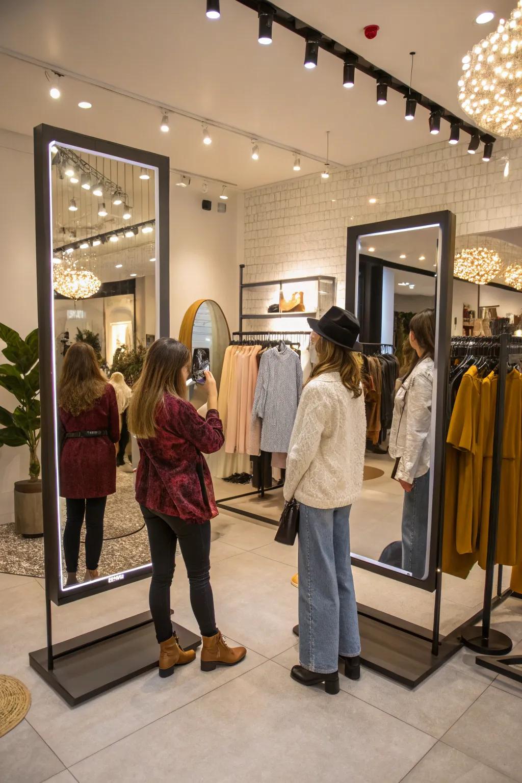 Smart mirrors provide a clever shopping experience inside a garage boutique.