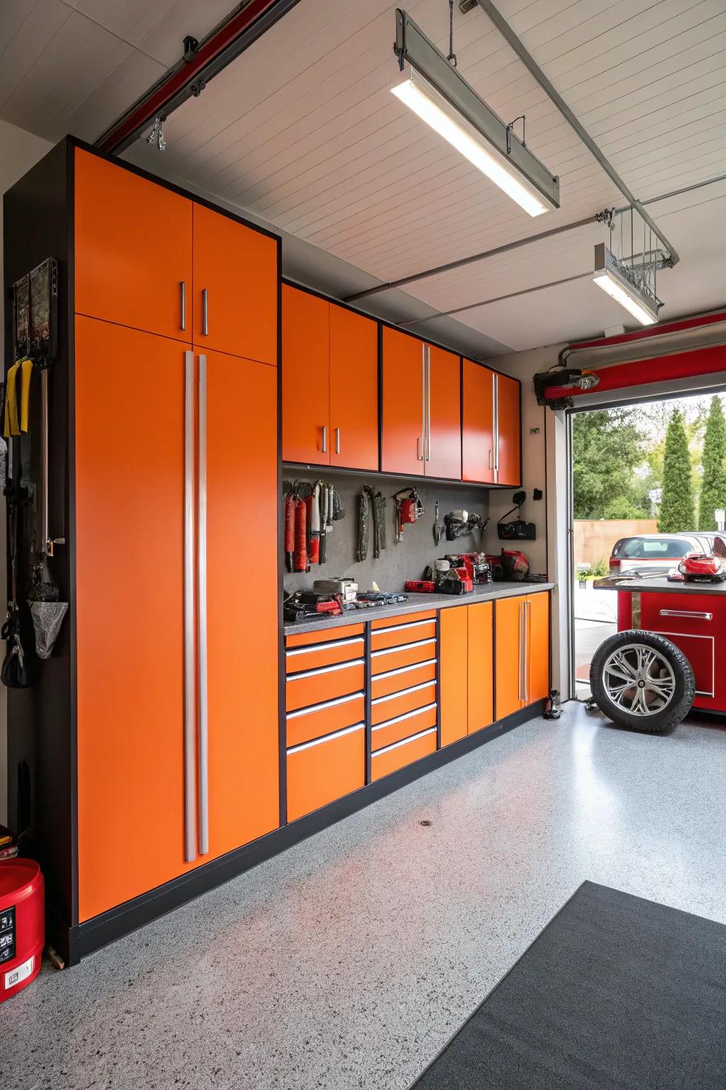 Vibrant amber fixtures create a dynamic appeal.