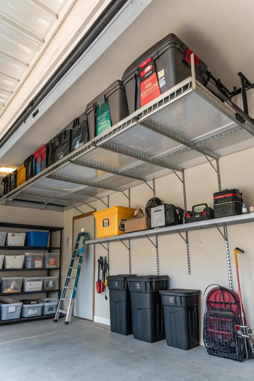 Elevated stowage frames maintain your garage tidy and effective.