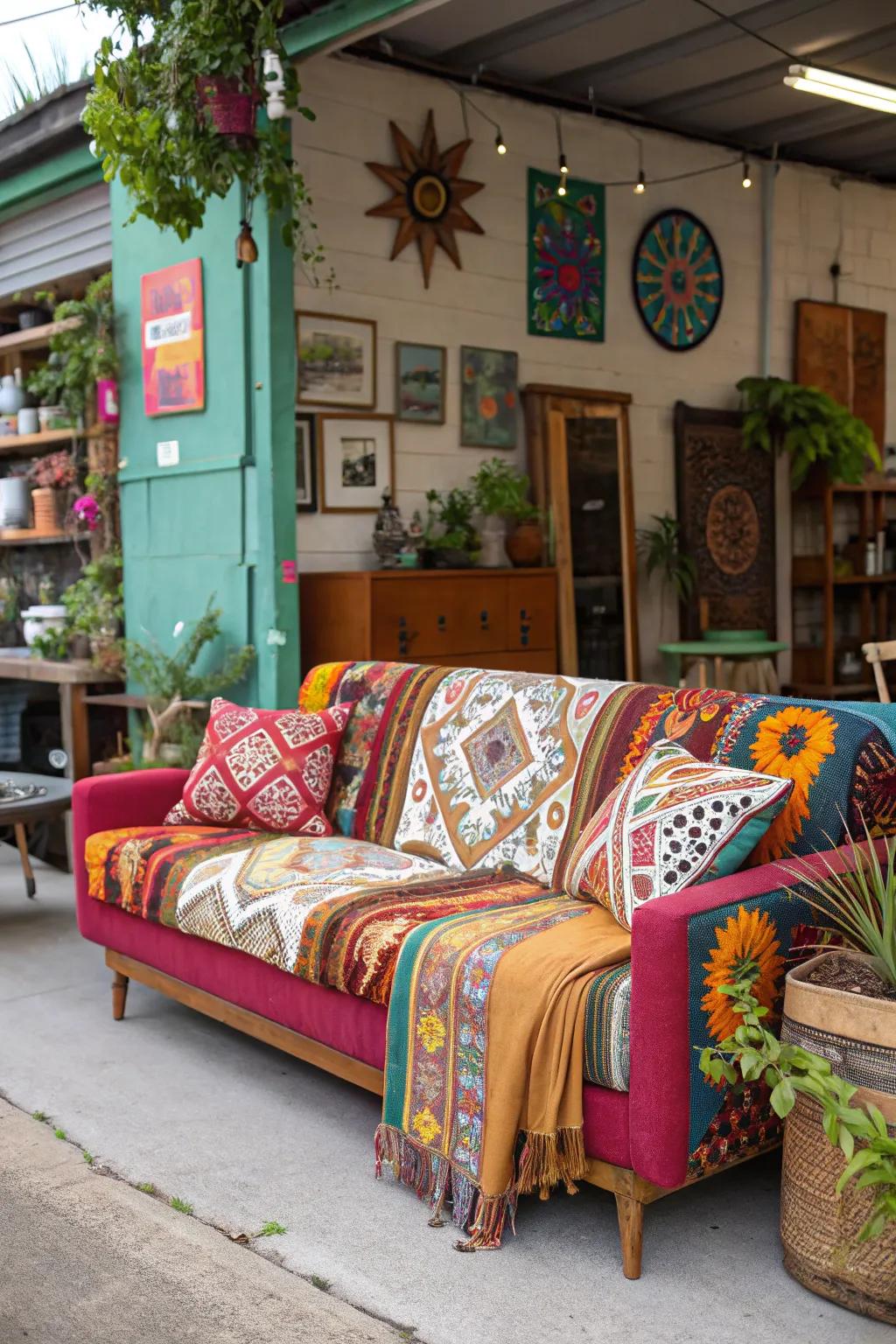 A bohemian seating arrangement adds color and vibrancy to your garage area.