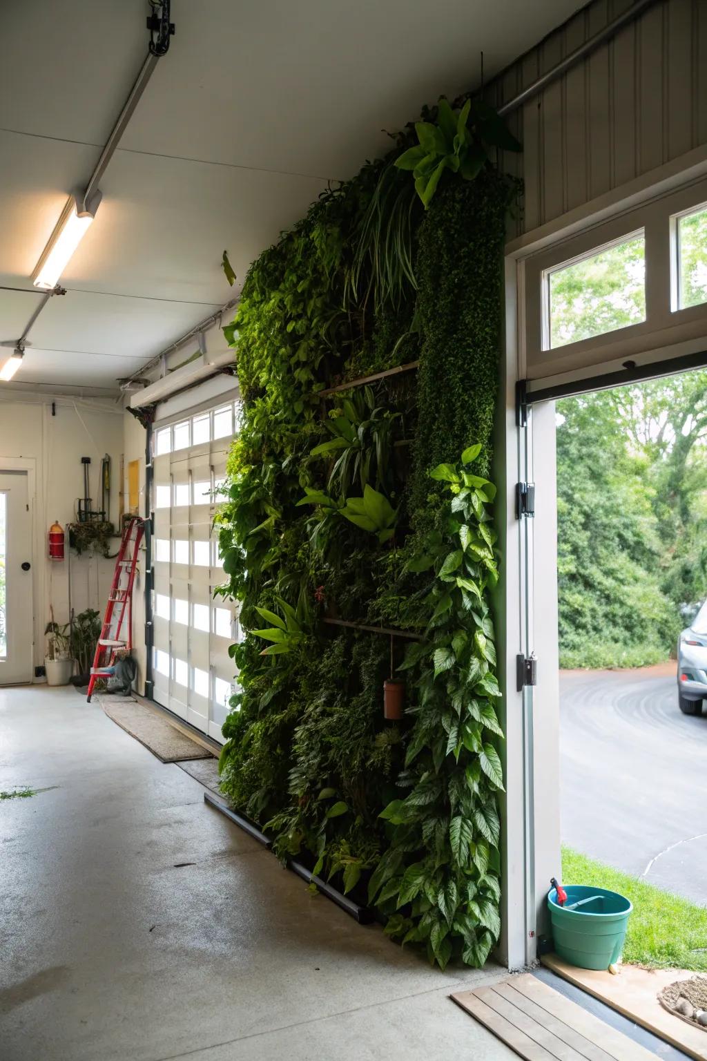 A vertical garden introduces a refreshing natural element to your garage.