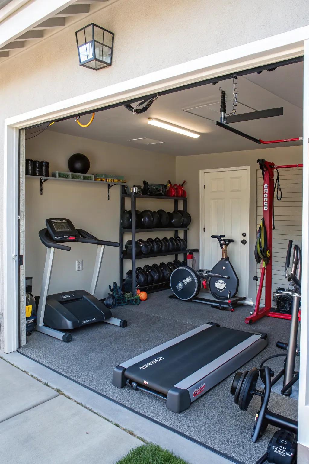 A home gym effortlessly incorporated into a garage.