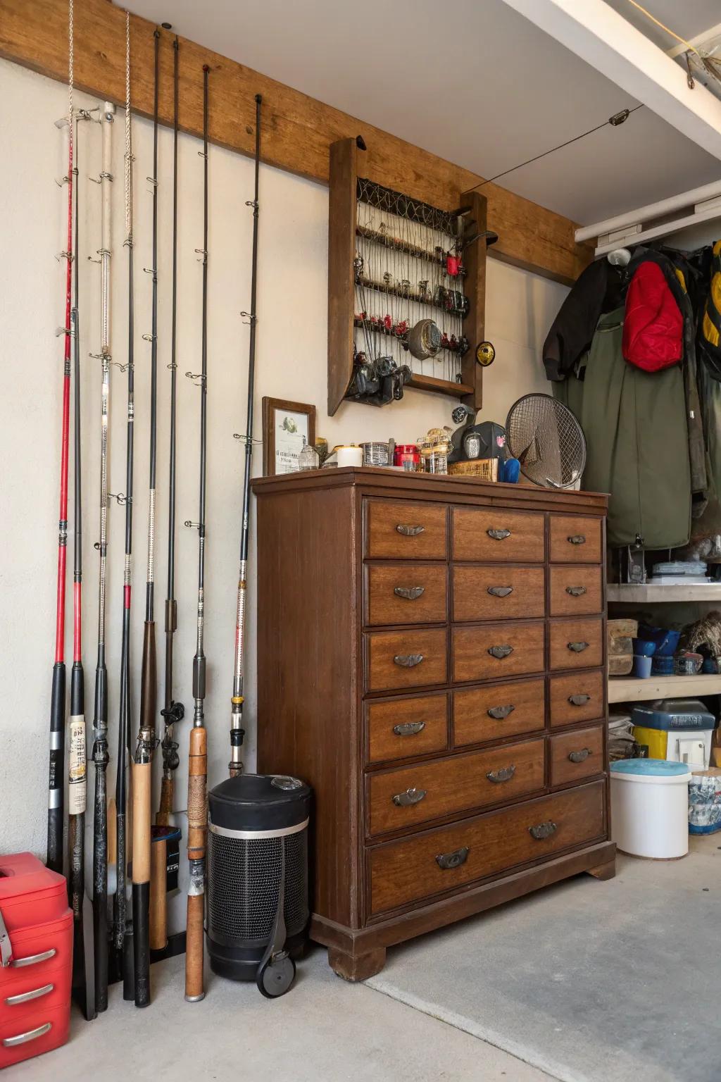 An old dresser becomes storage for fishing tackle in the garage.