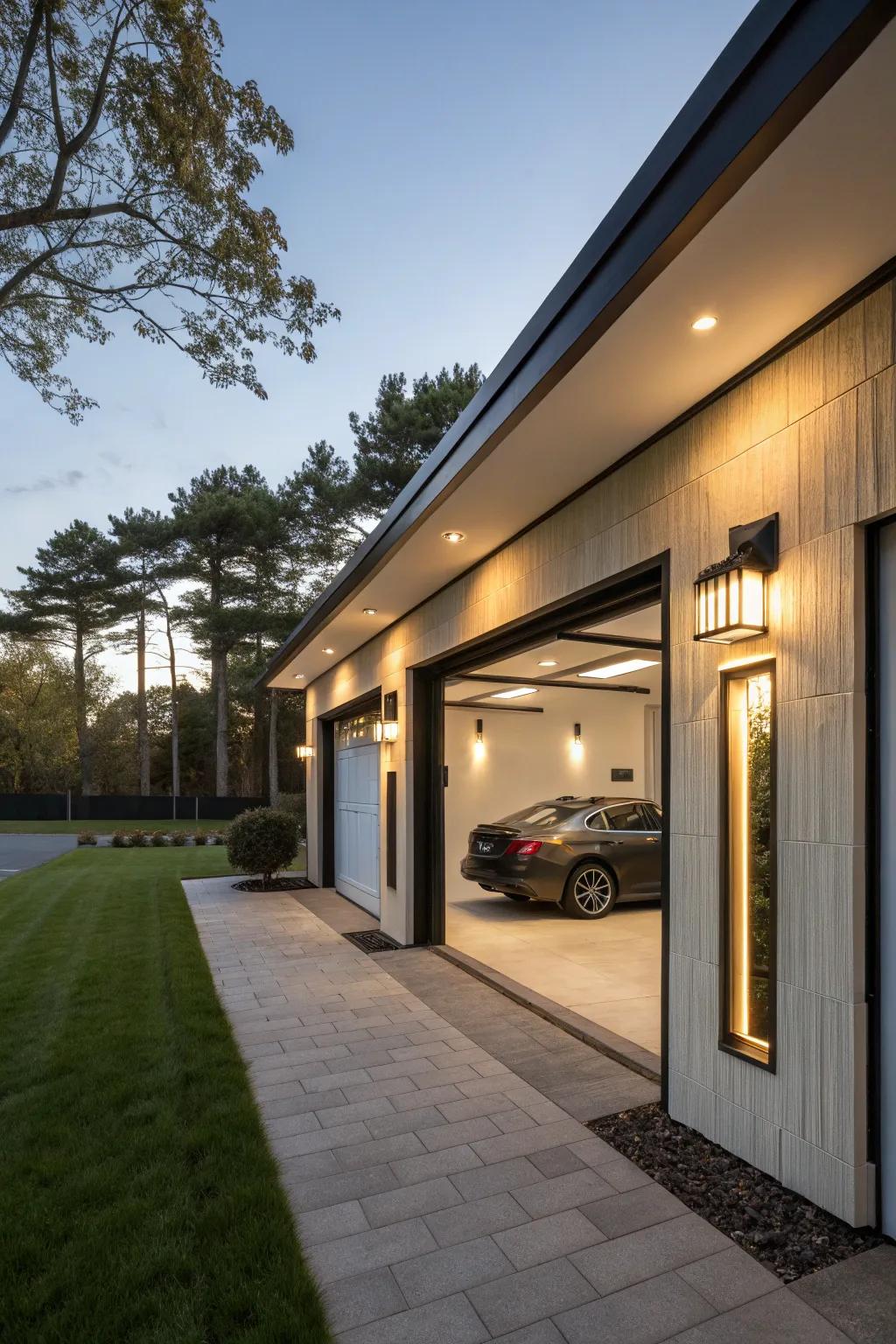 A garage featuring unique lighting solutions that add a stylish touch.