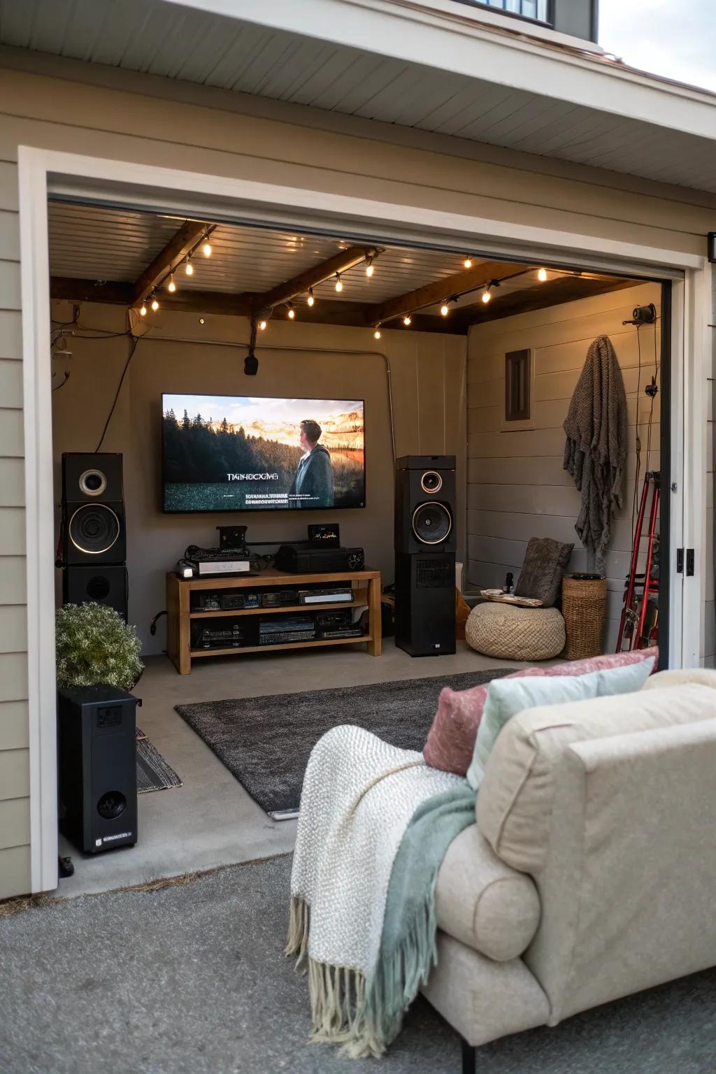 Immerse yourself in music with a listening space and TV setup in your garage.