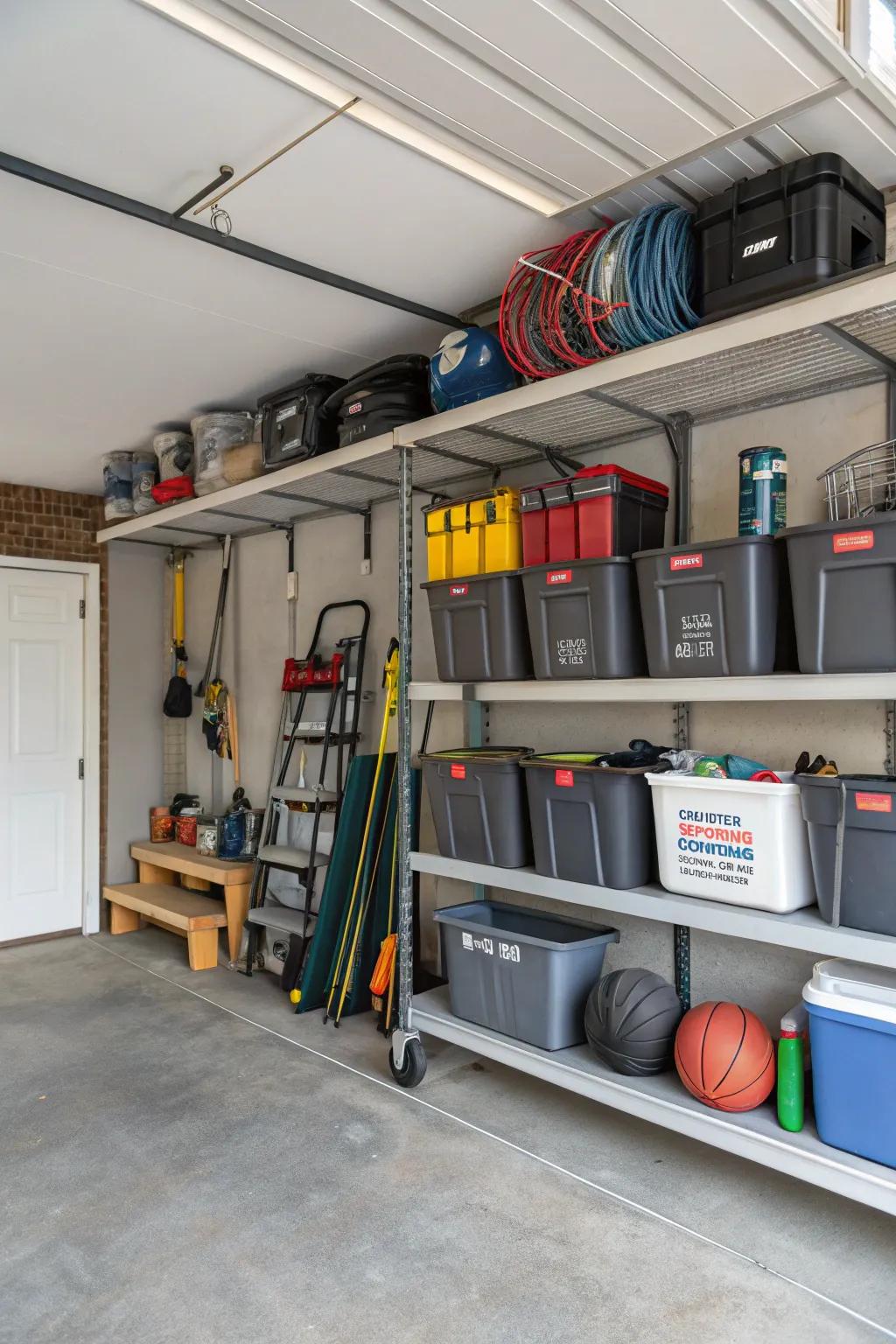 Overhead racks maximize stowage space in garages.